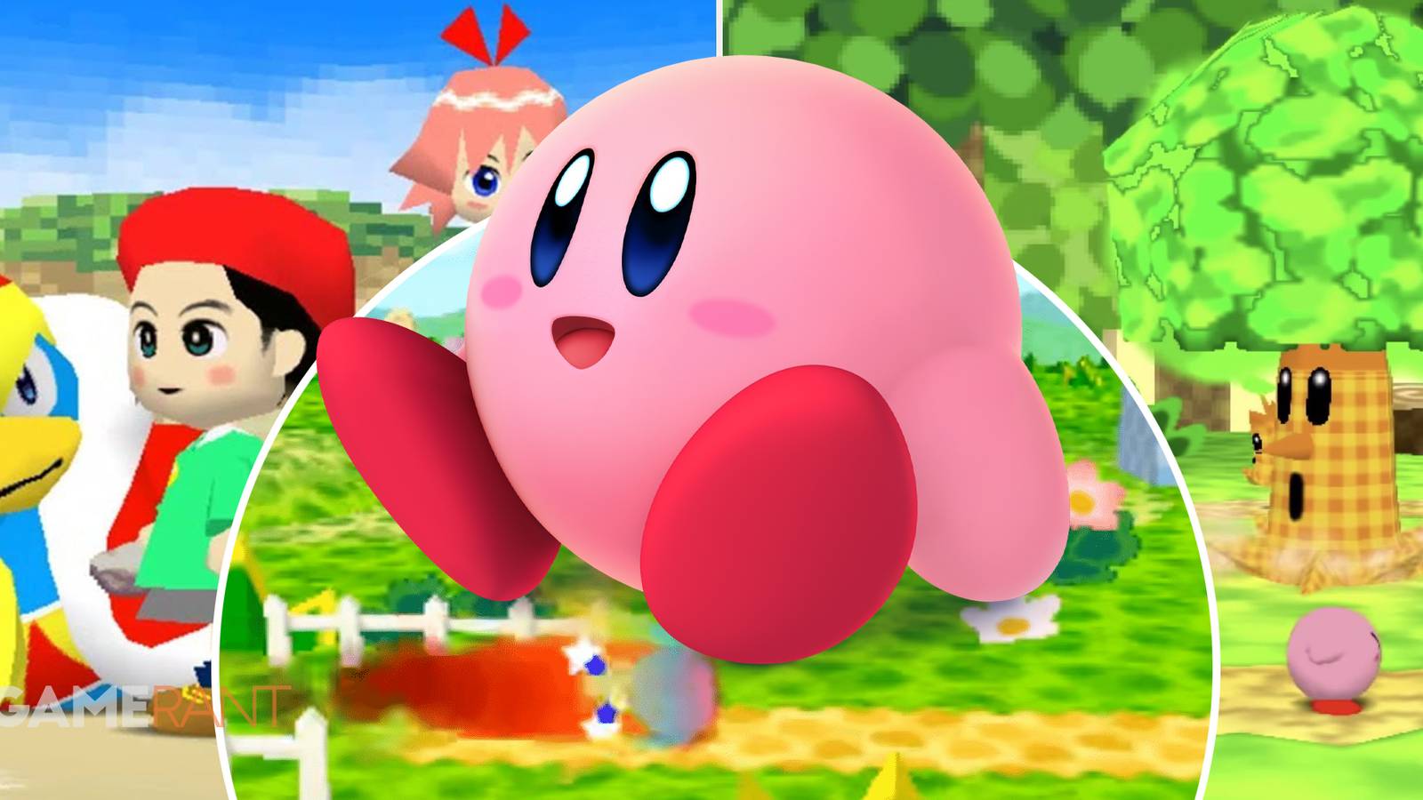 Kirby 64 King Dedede, Adeleine, Ribbon on left, Kirby in middle, Kirby in a boss level on right