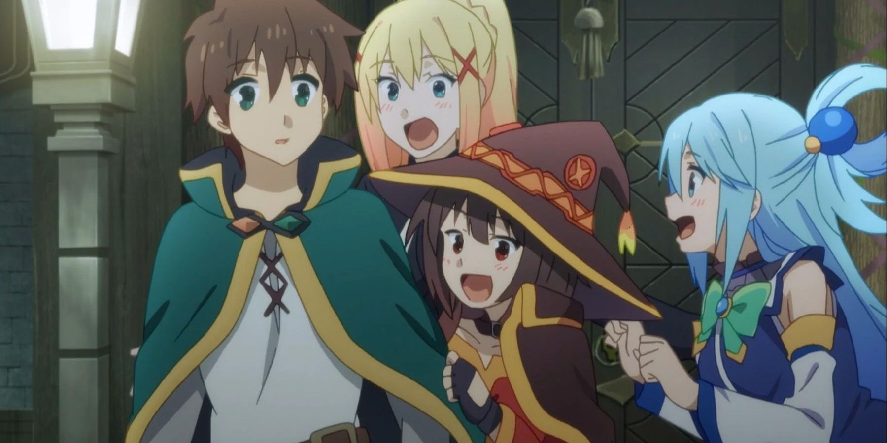 konosuba cast, kazuma, aqua, darkness, megumi