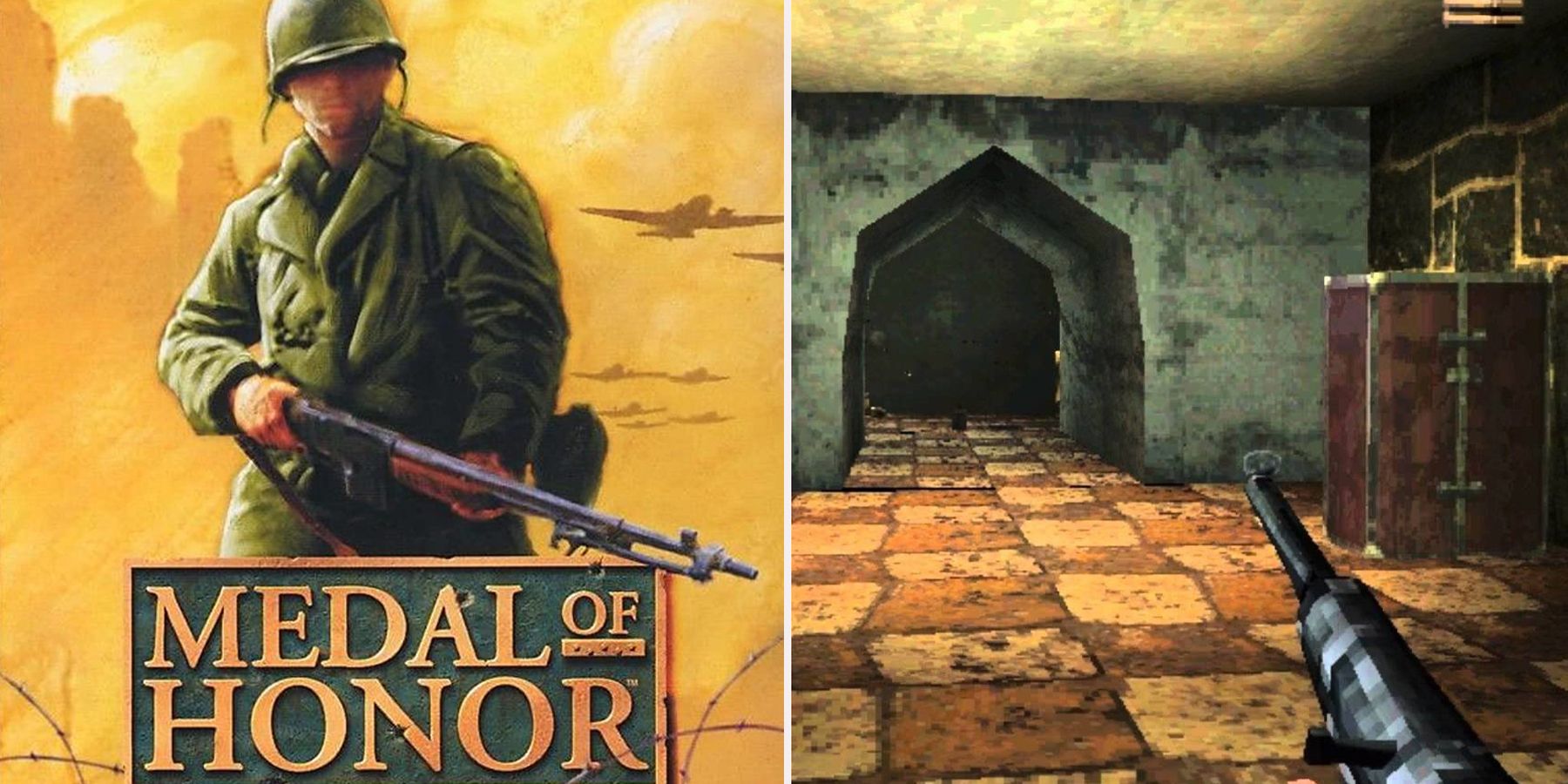 Split image of the Medal of Honor cover art and a corridor