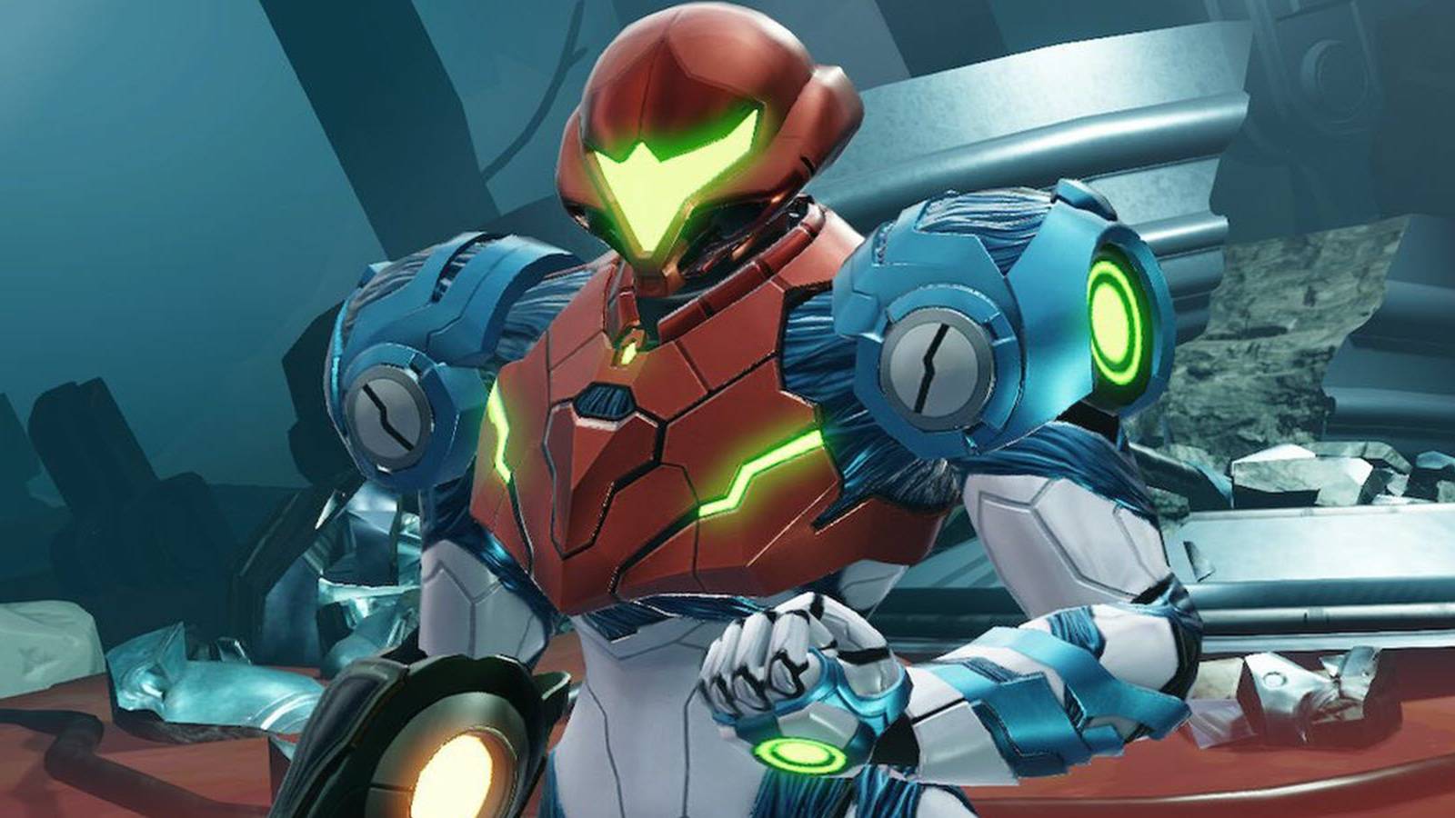 Samus Aran standing in her armor in Metroid Dread