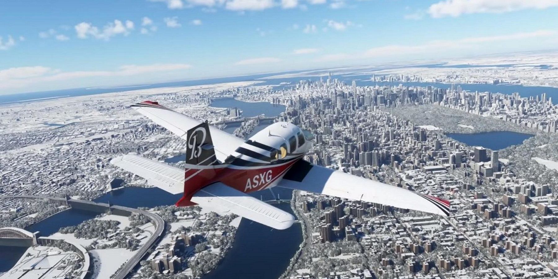 Screenshot from Microsoft Flight Simulator showing a small plane high above a city with the horizon in the background.