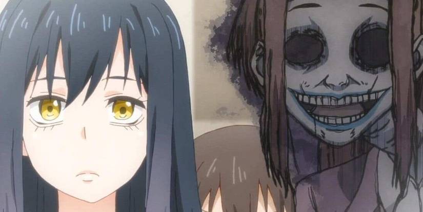 the character miko yotsuya next to a monster in the anime mieruko chan