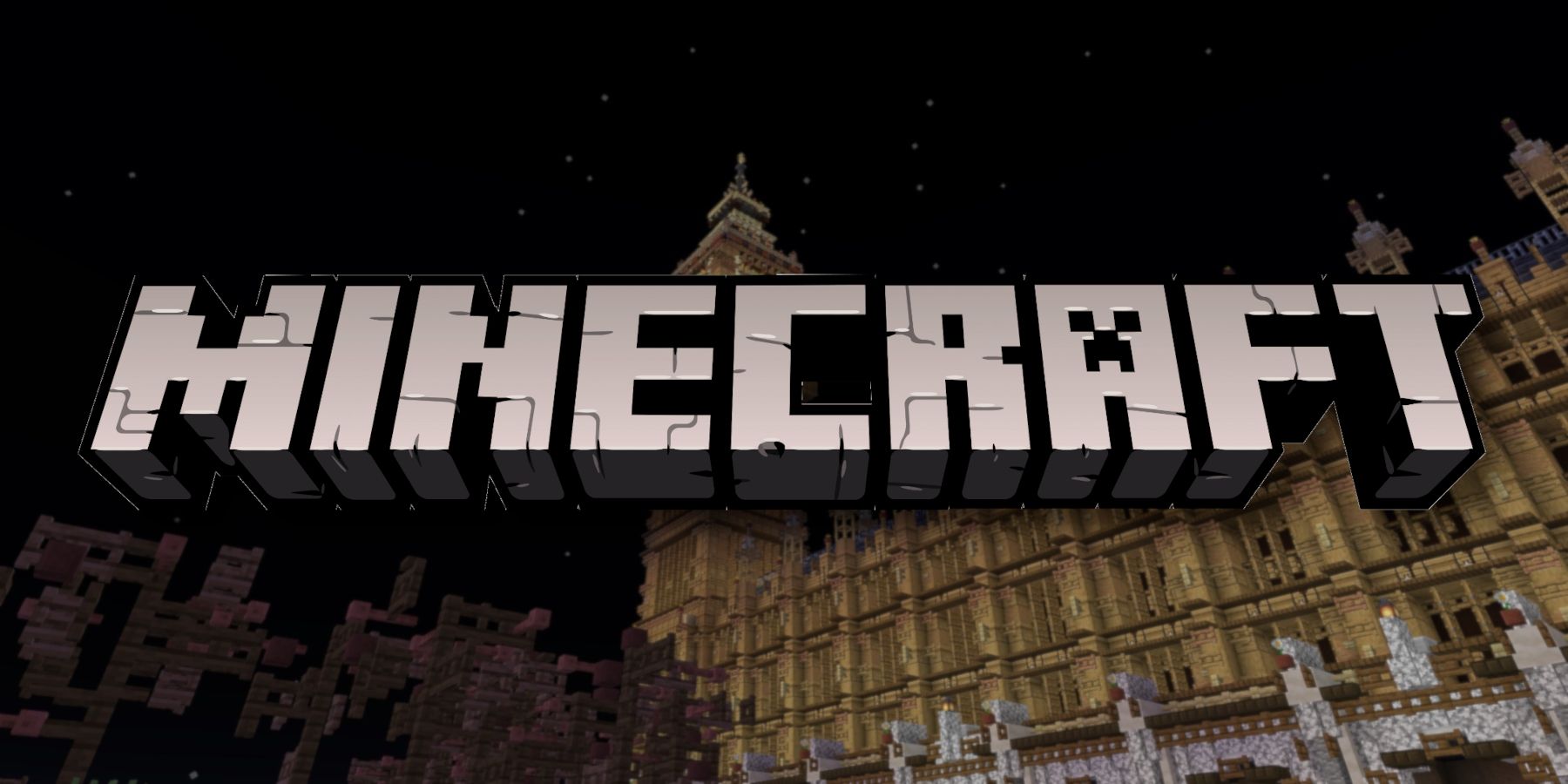 The Minecraft logo with the House of Parliament behind it.