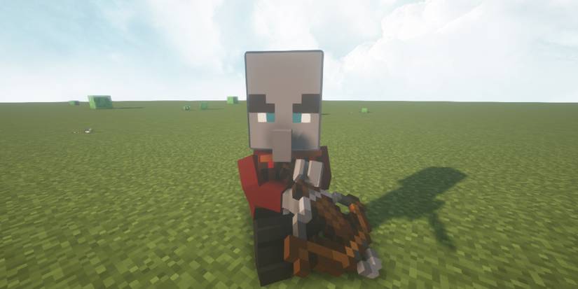 Screenshot from Minecraft showing a pillager as a LEGO figurine.