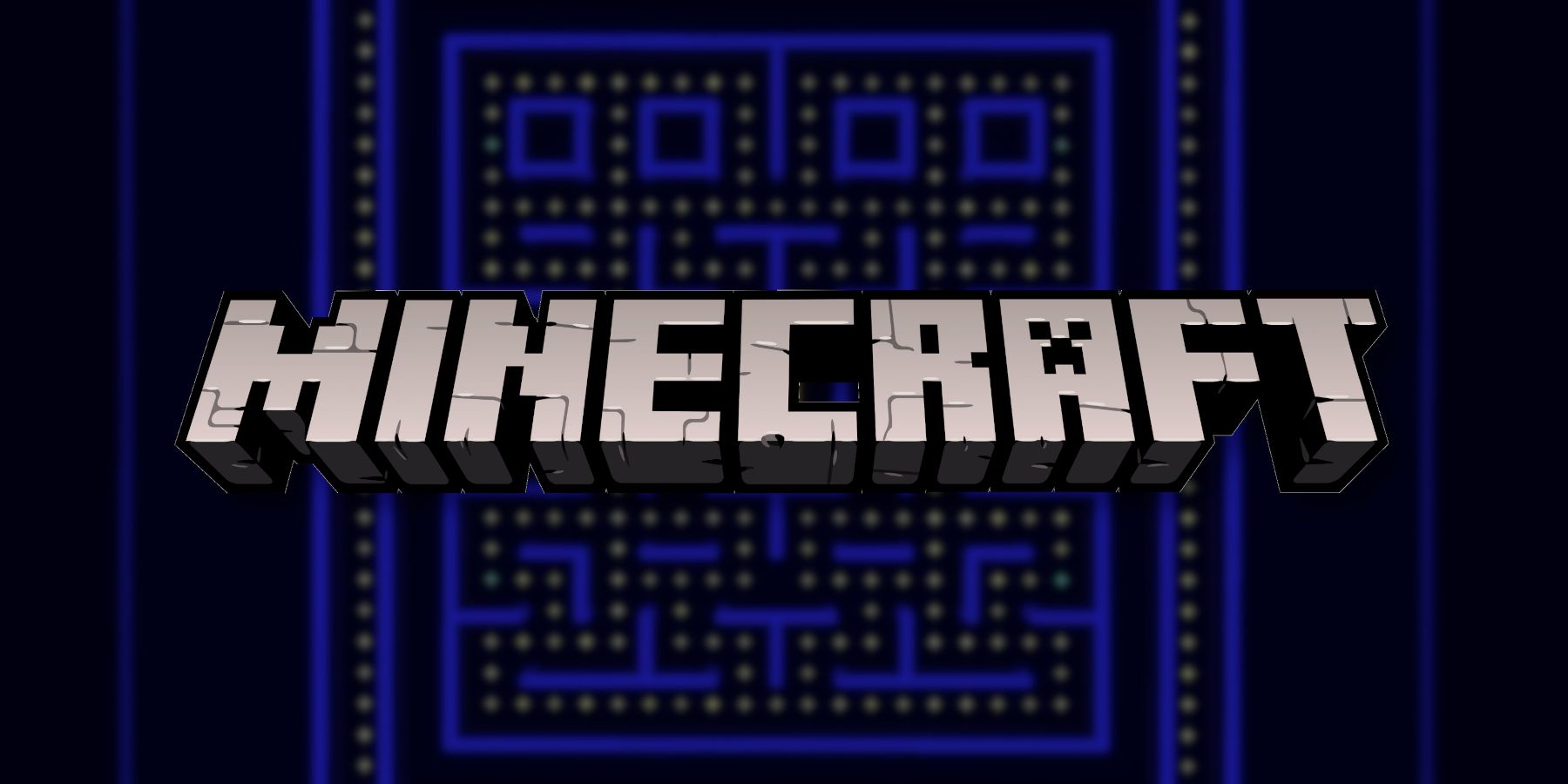 The Minecraft logo with a Pac-Man level behind it.