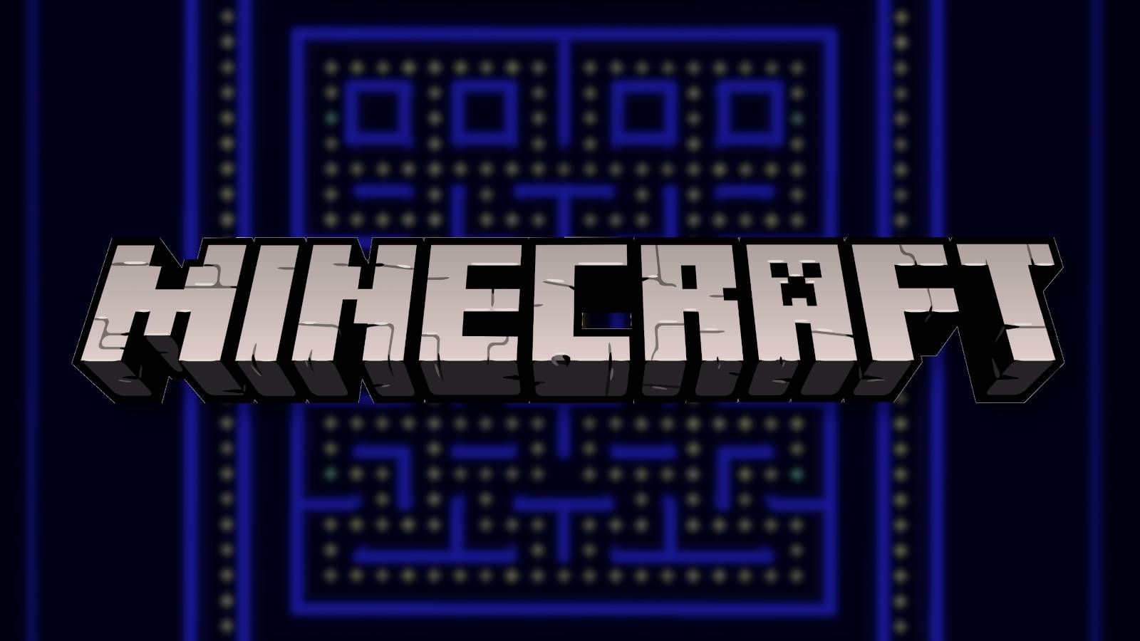 The Minecraft logo with a Pac-Man level behind it.