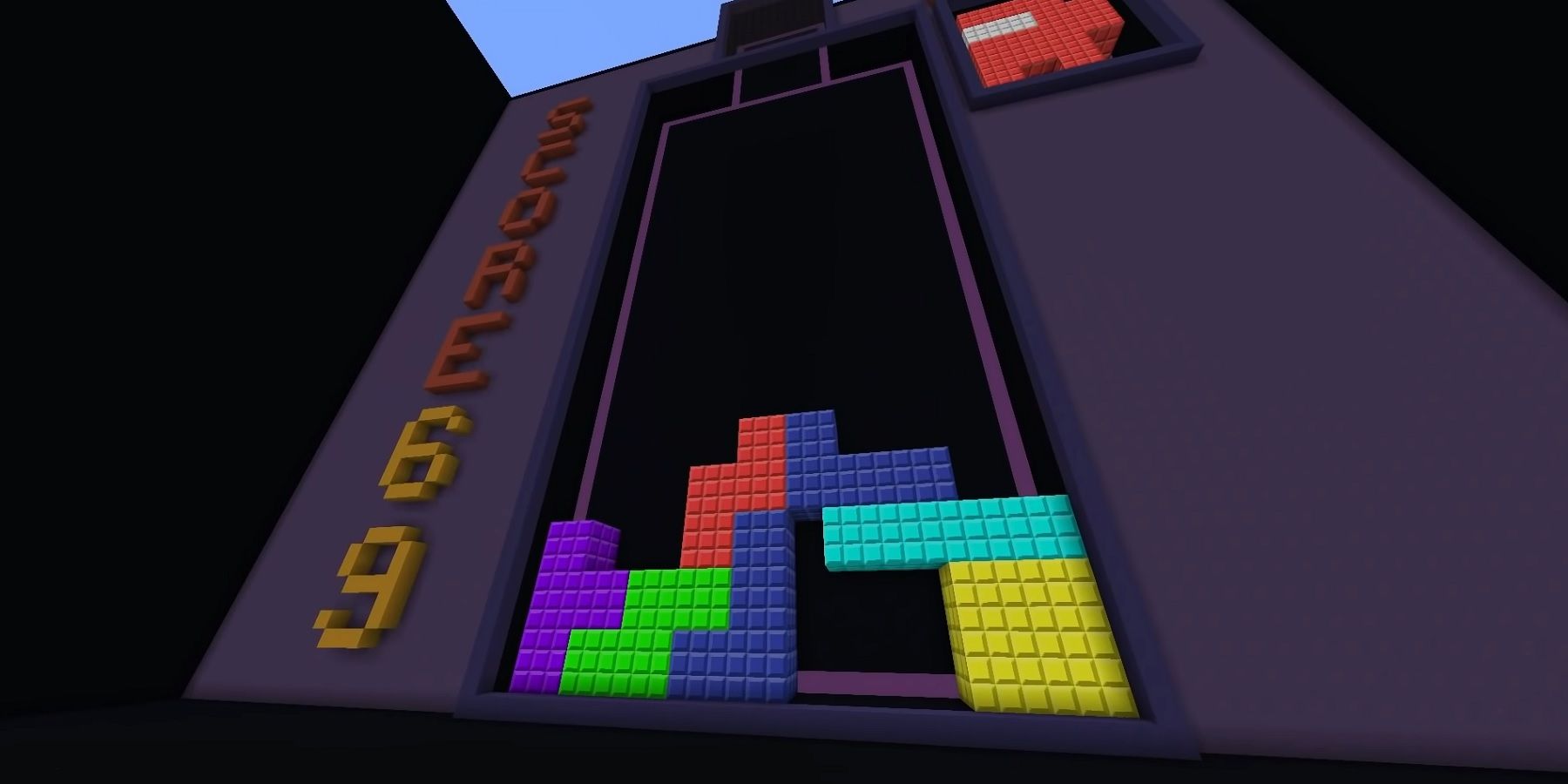 Screenshot from Minecraft showing a giant Tetris game.