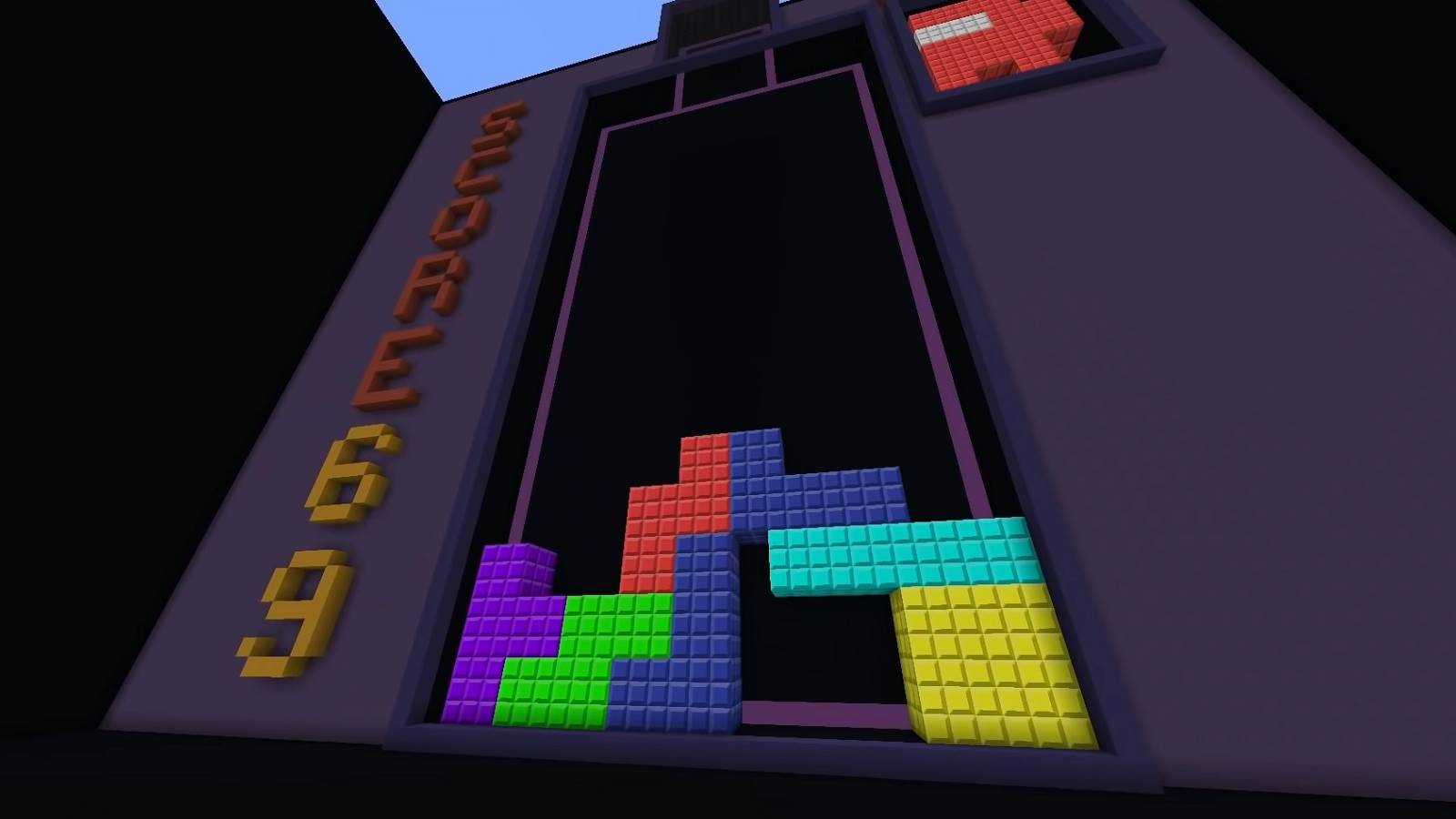 Screenshot from Minecraft showing a giant Tetris game.