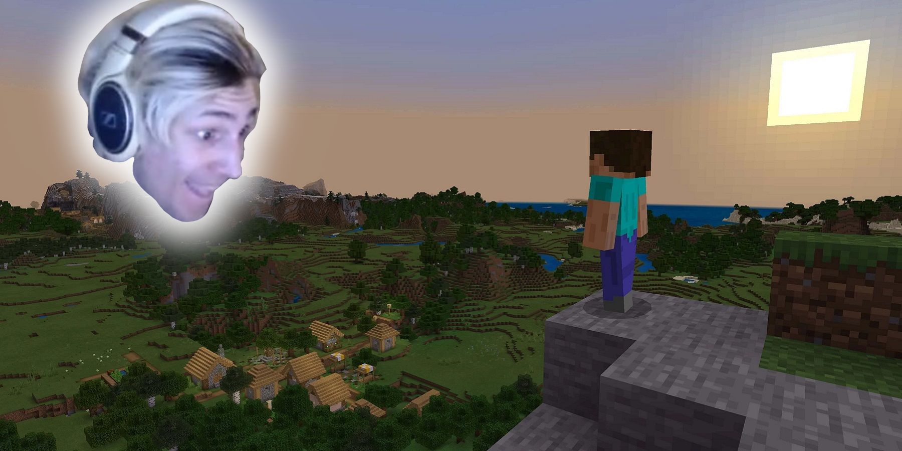 Image from Minecraft showing Steve looking up at the floating head of Twitch streamer xQc.