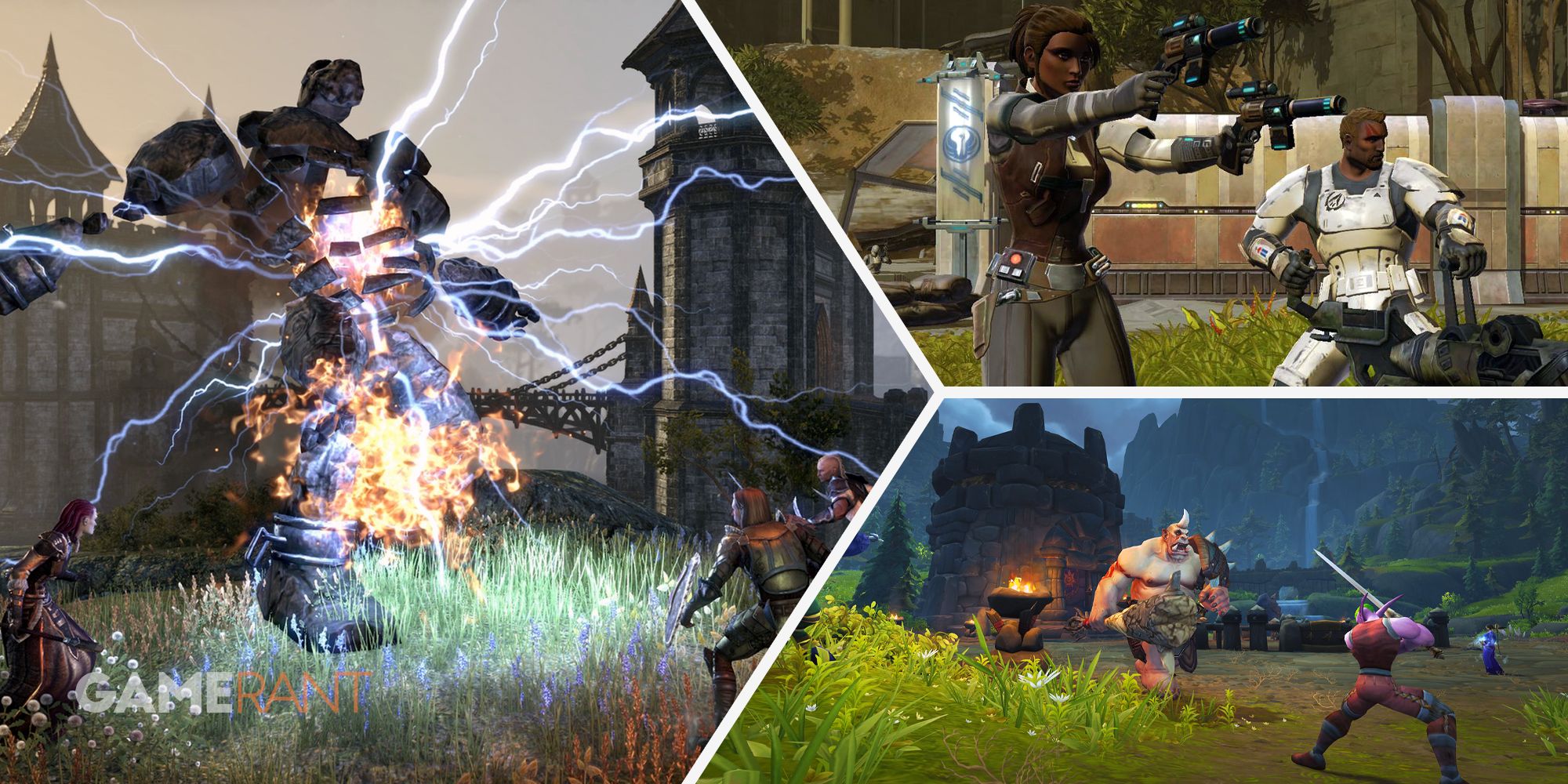 The Elder Scrolls Online players battling a lightning storm atronach on left, Star Wars: The Old Republic players with weapons on top right, World of Warcraft player battling an enemy on bottom right