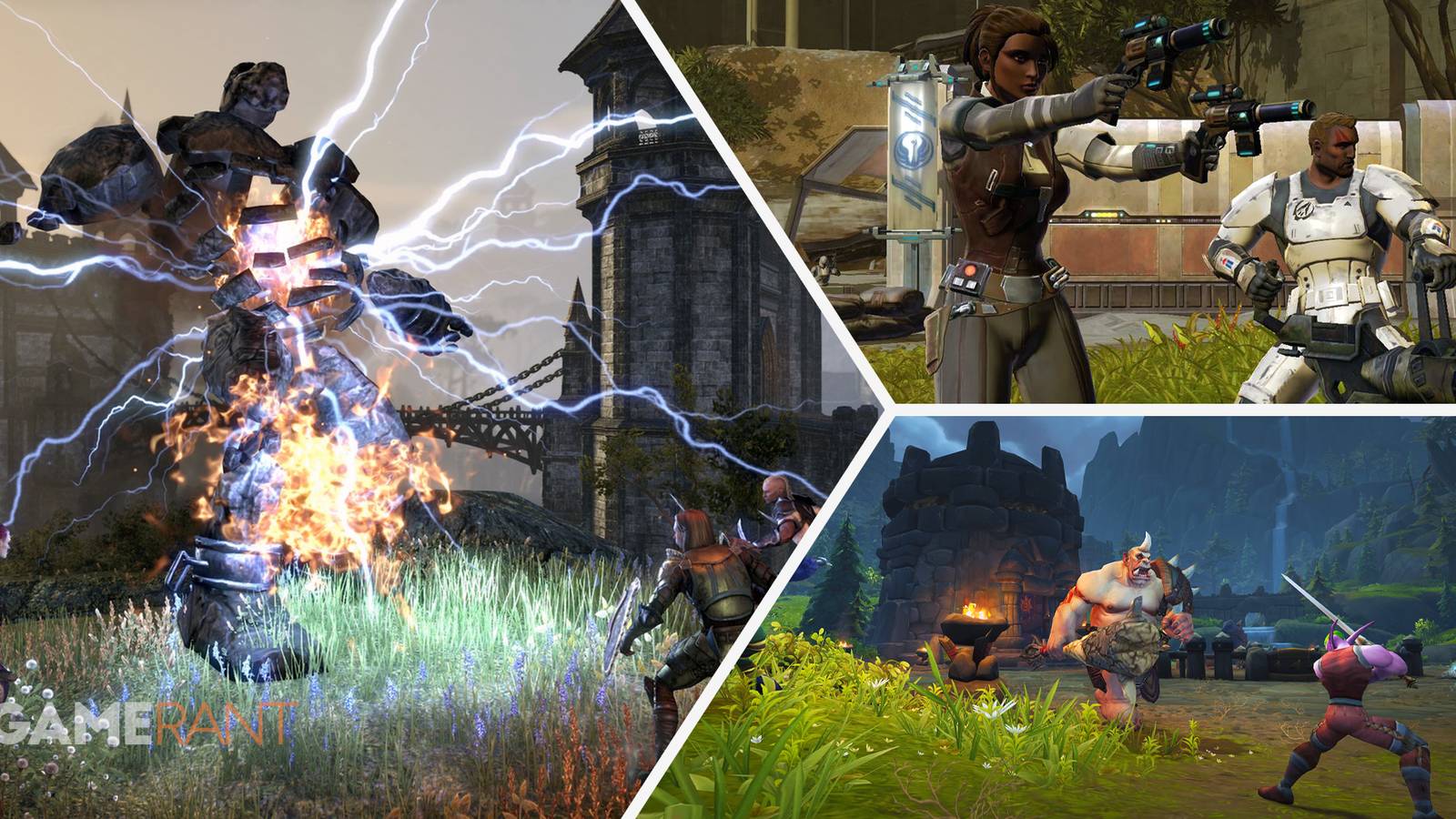 The Elder Scrolls Online players battling a lightning storm atronach on left, Star Wars: The Old Republic players with weapons on top right, World of Warcraft player battling an enemy on bottom right