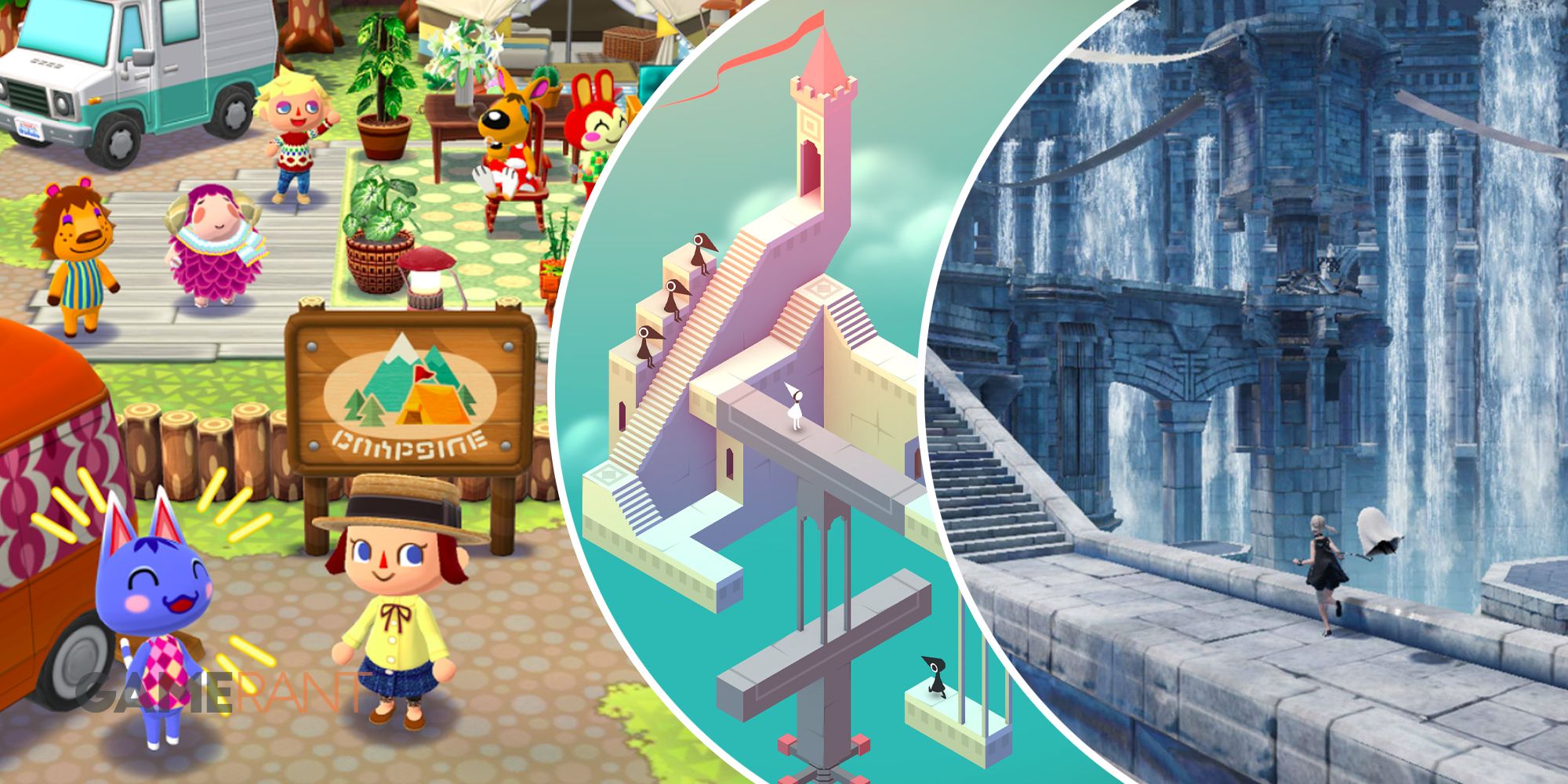 Animal Crossing: Pocket Camp characters laughing and smiling on left, Monument Valley level with castle theme in middle, NieR Re[in]carnation character running in area with waterfalls on right
