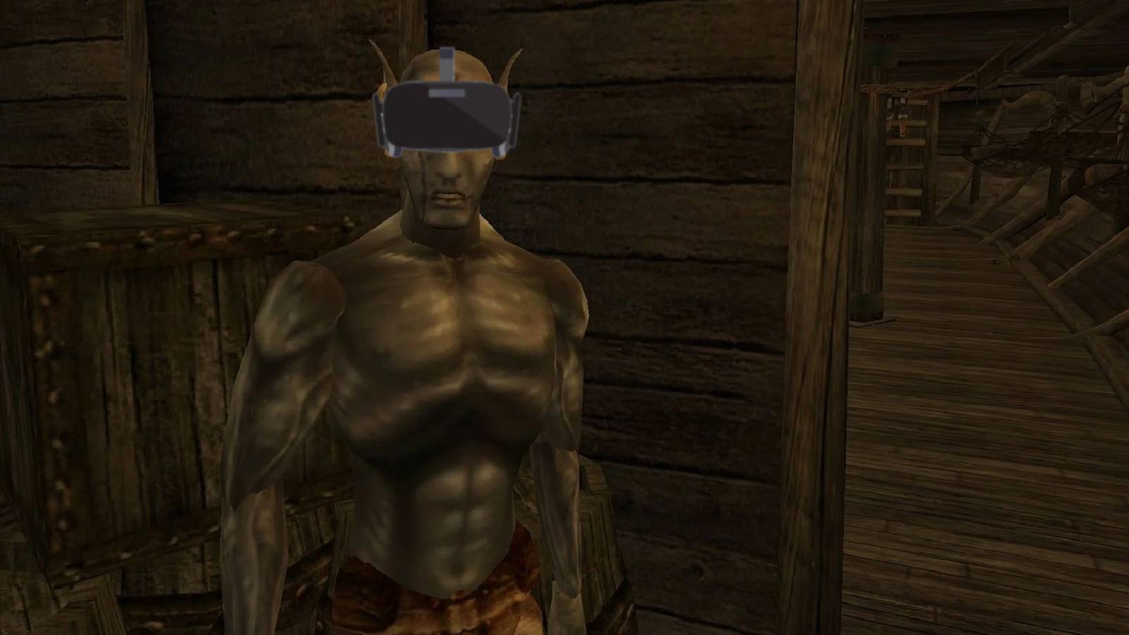 Image from Morrowind showing Jiub wearing a VR headset.