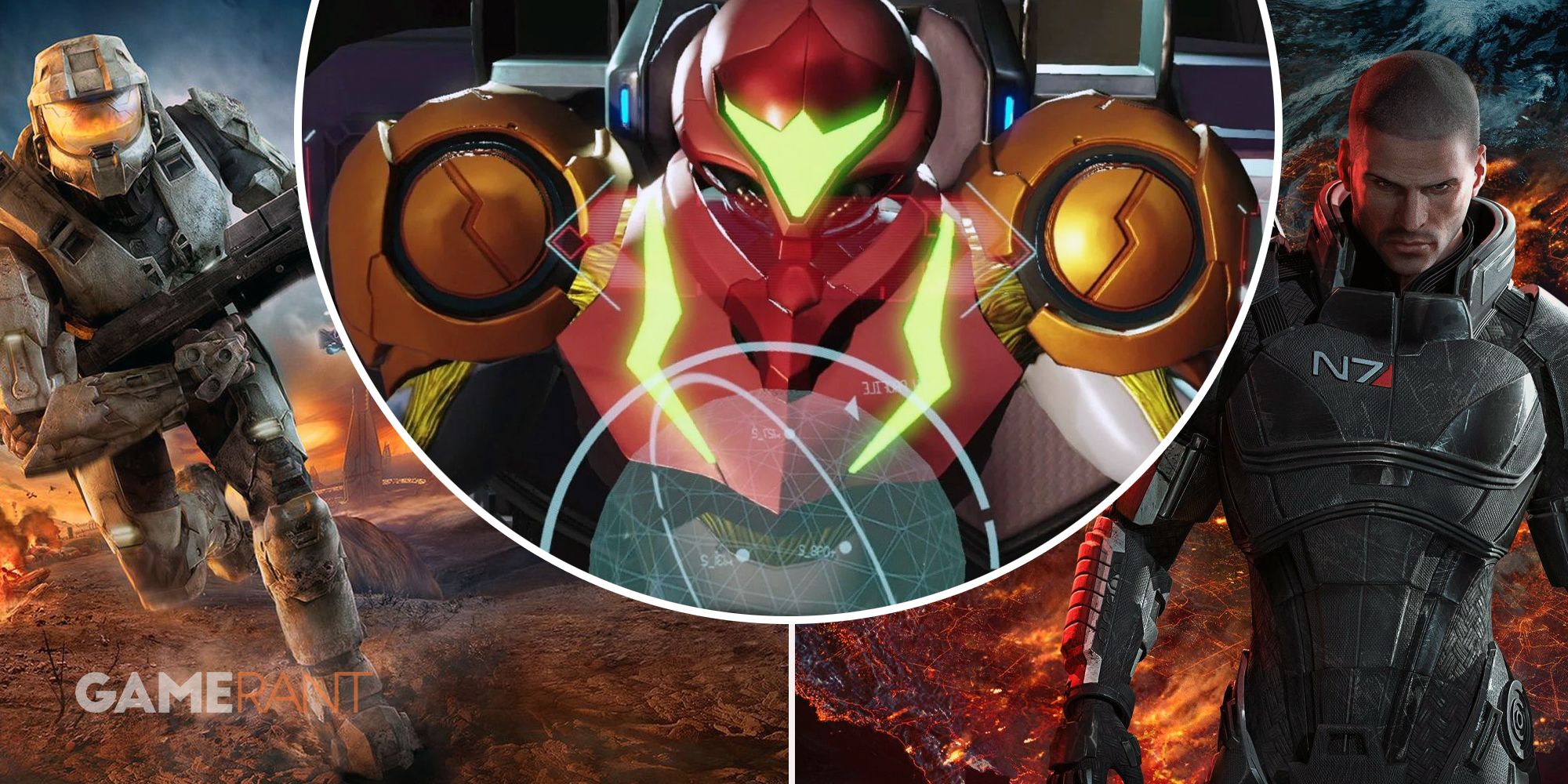 Мастер Чиф из Halo Infinite слева, Самус Аран из Metroid Dread в центре вверху и командир Шепард из Mass Effect справа