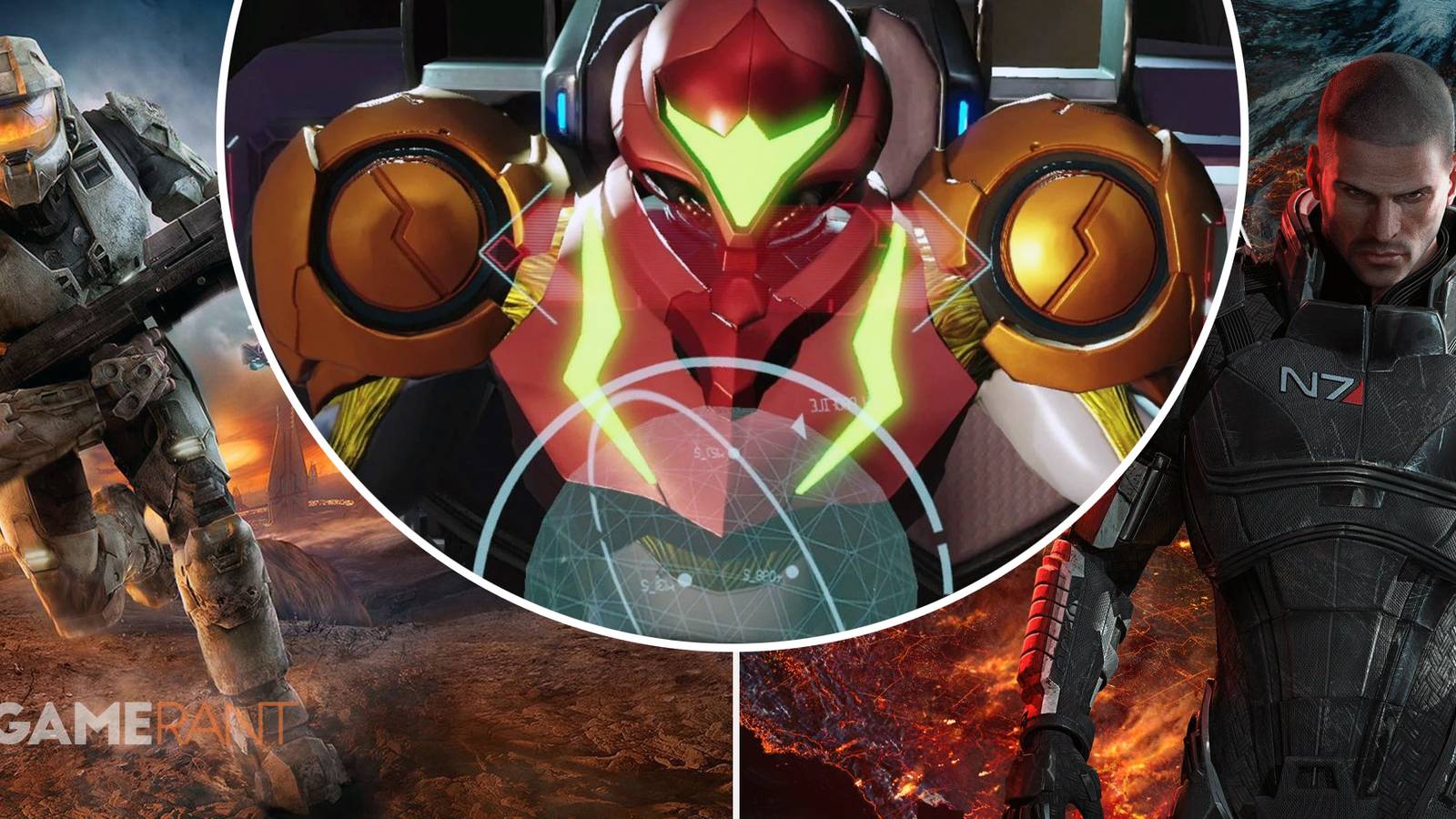 Master Chief from Halo Infinite on left, Samus Aran from Metroid Dread in middle top, and Commander Shepard from Mass Effect on right