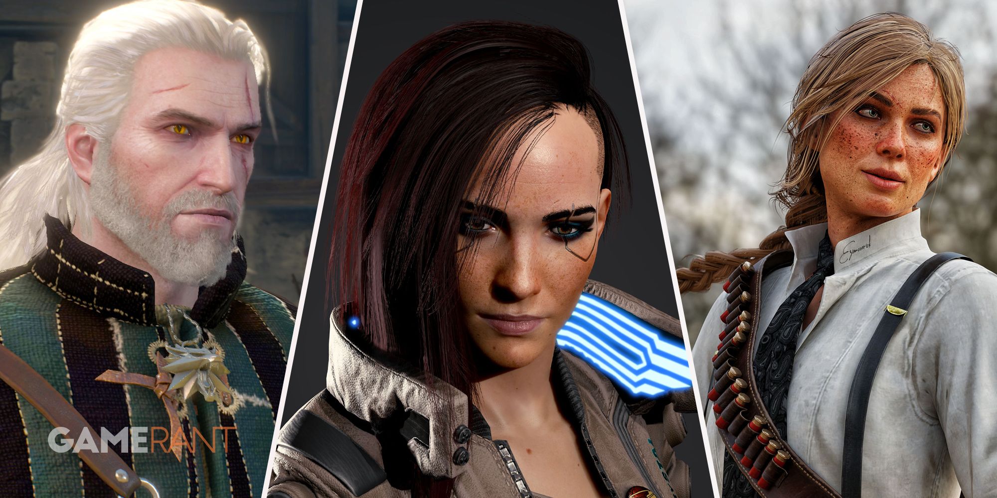 The Witcher Geralt of Rivia on left, Cyberpunk 2077 V in middle, Red Dead Redemption 2 Sadie Adler on right