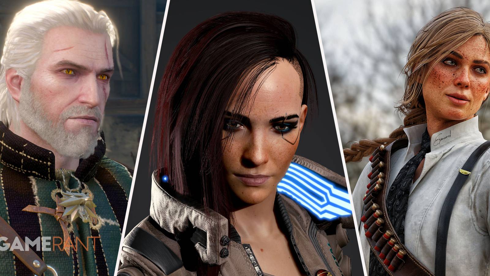 The Witcher Geralt of Rivia on left, Cyberpunk 2077 V in middle, Red Dead Redemption 2 Sadie Adler on right