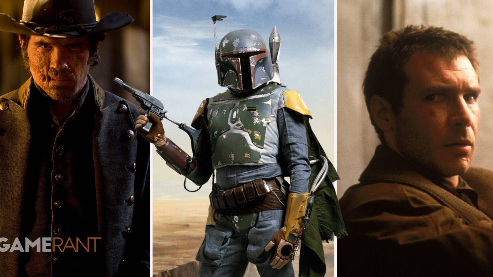 Jonah Hex in cowboy hat on left, Boba Fett from Star Wars in middle, Rick from Blade Runner on right