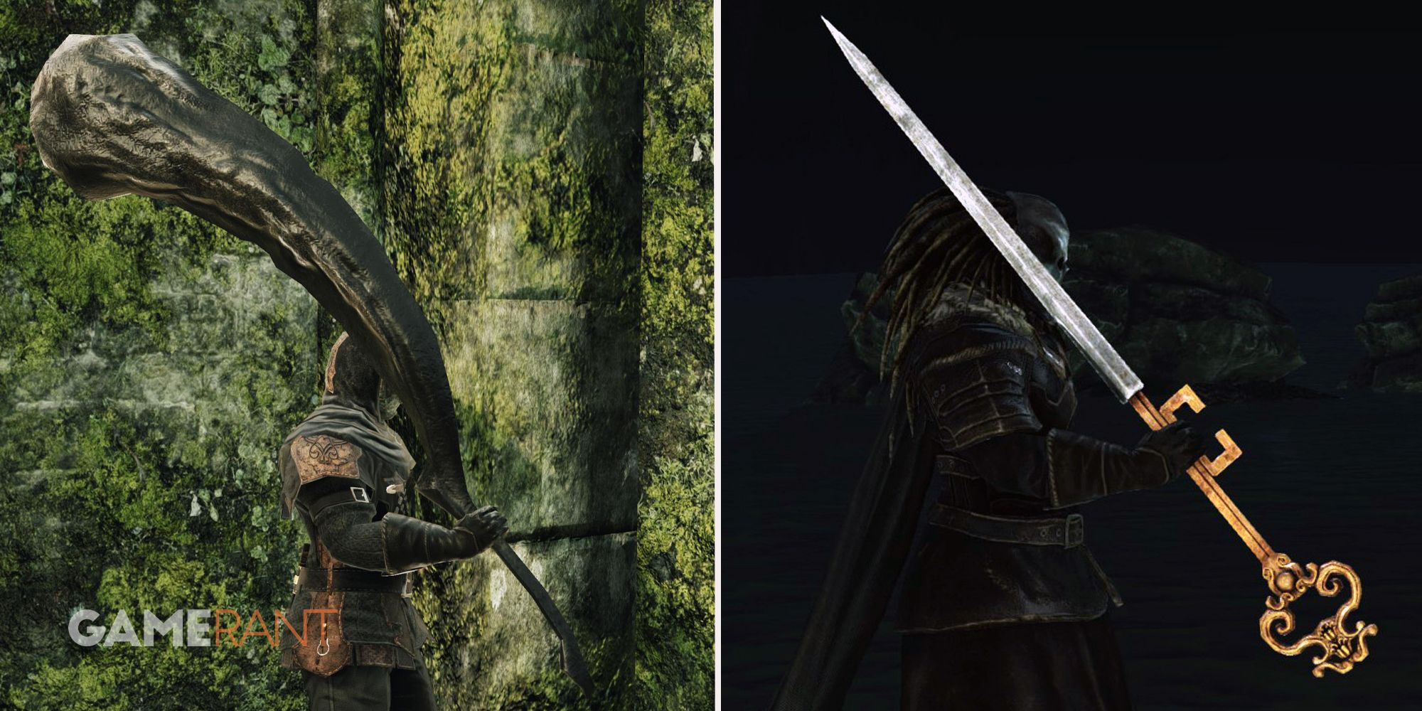Dark Souls Dragon’s Tooth weapon on left, Key To The Embedded weapon on right