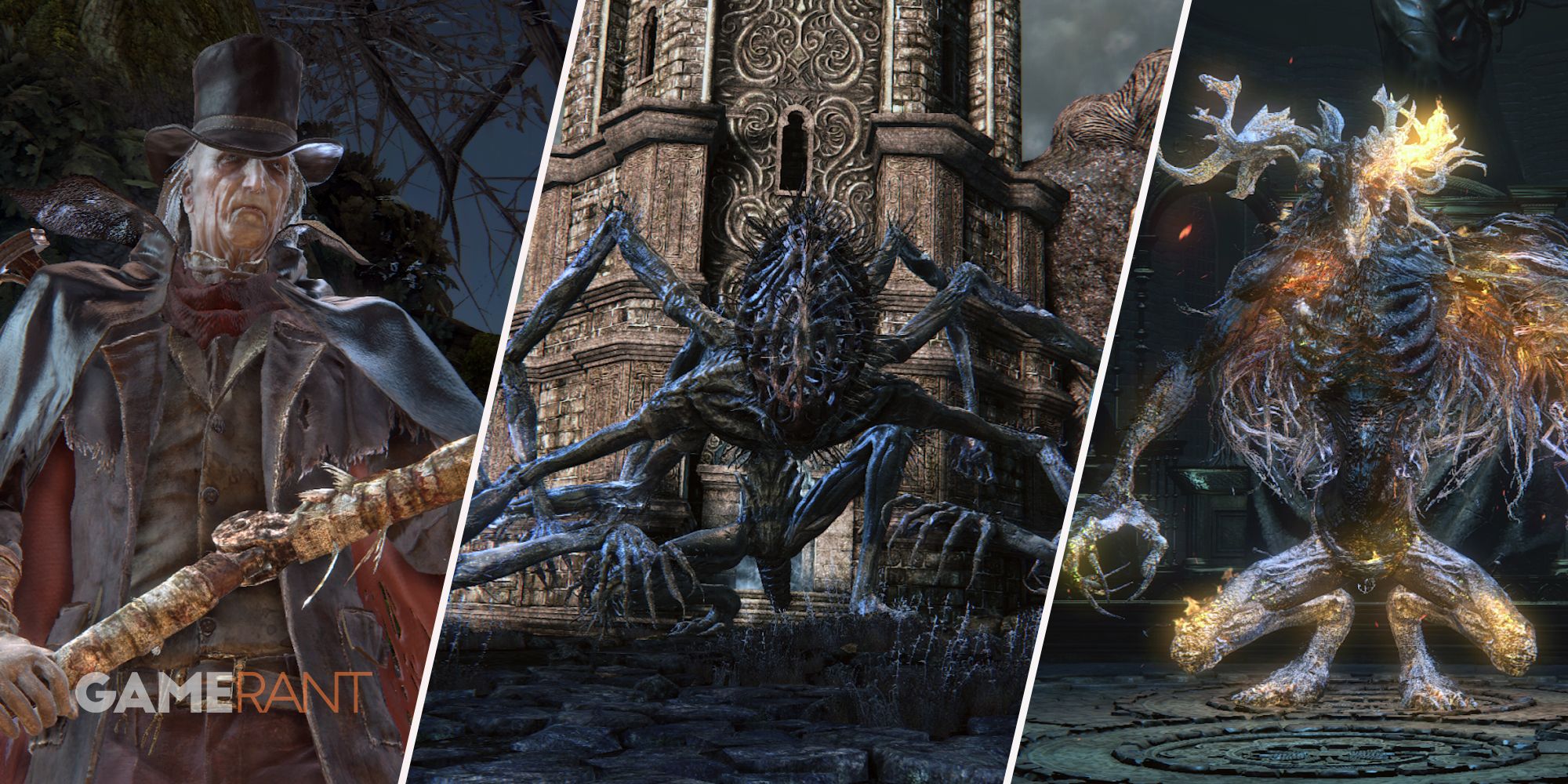 Bloodborne Gehrman The First Hunter on left, Amygdala in middle, Laurence The First Vicar on right
