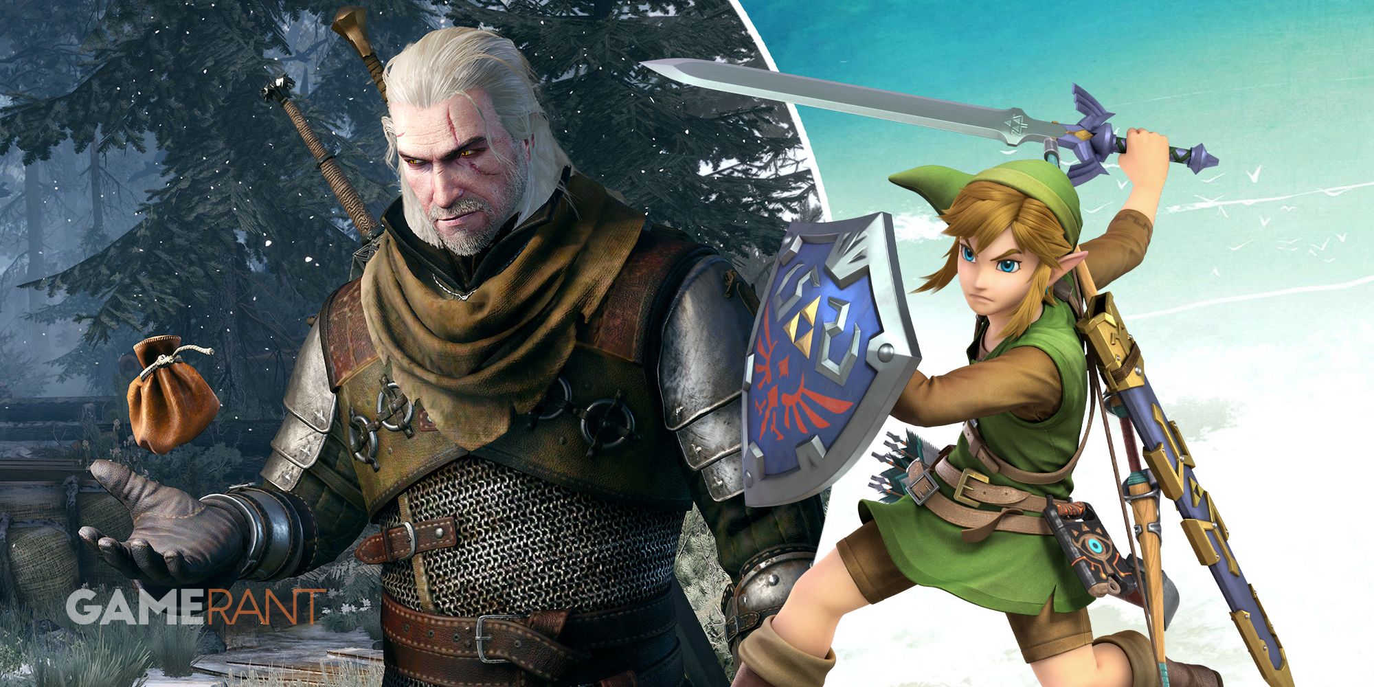 The Witcher 3 Geralt of Rivia with a bag of gold on left, The Legend of Zelda Link with sword and shield on right