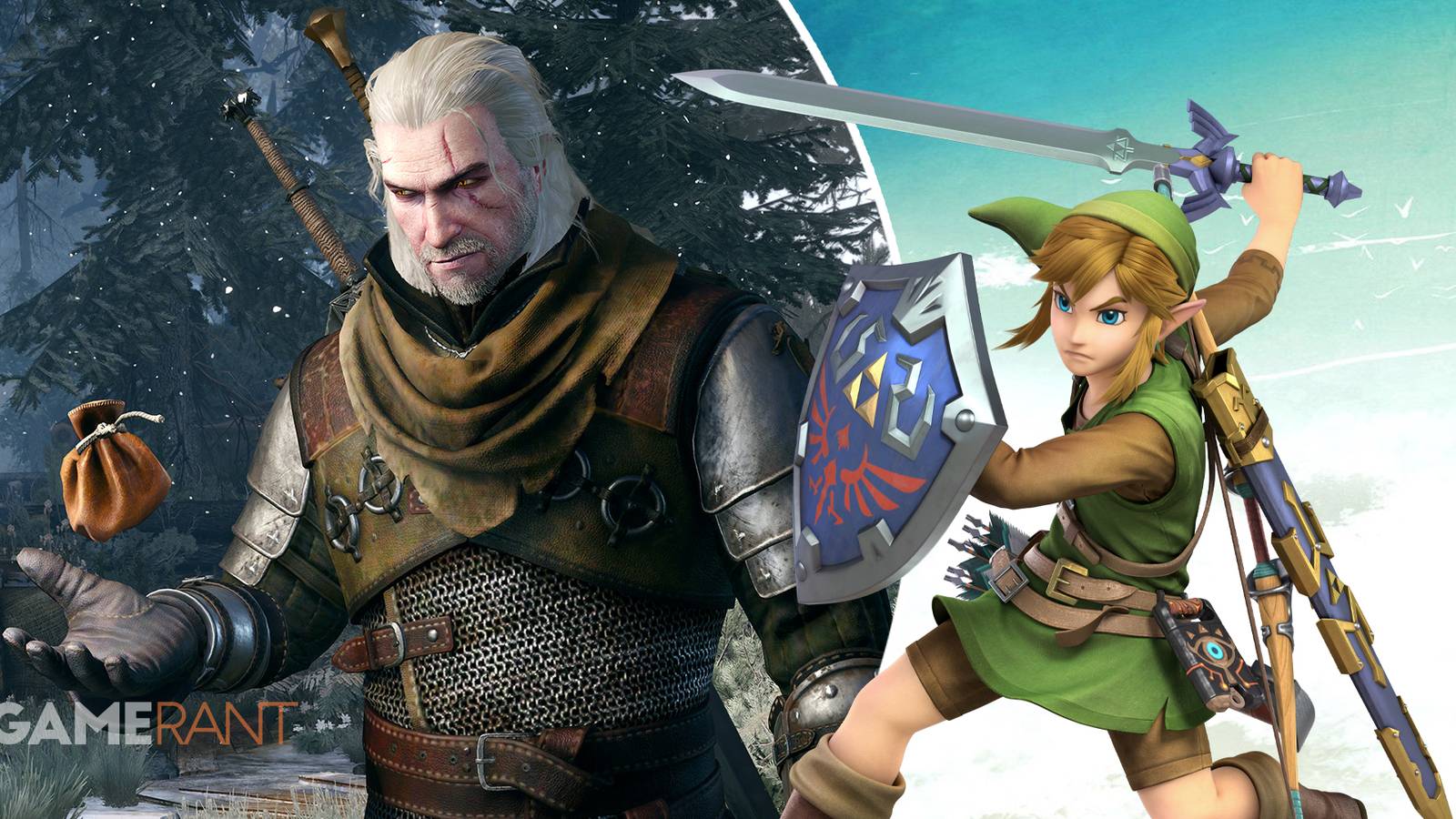 The Witcher 3 Geralt of Rivia with a bag of gold on left, The Legend of Zelda Link with sword and shield on right