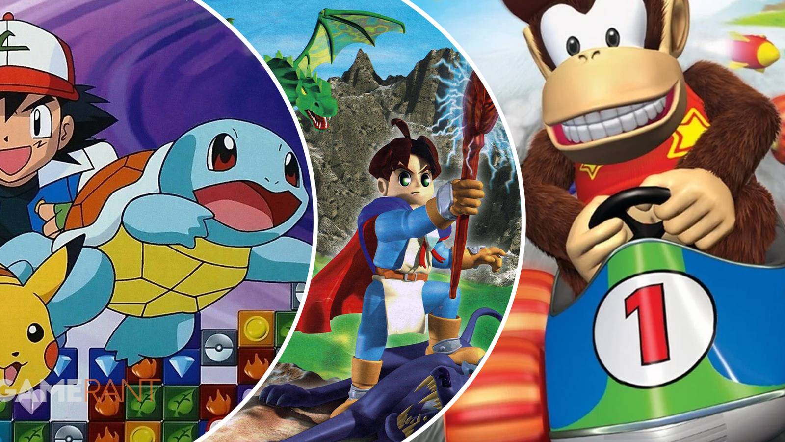 Pokemon Puzzle League Ash with Squirtle and Pikachu on left, Quest 64 character with magic staff in middle, Diddy Kong Racing Diddy in kart on right