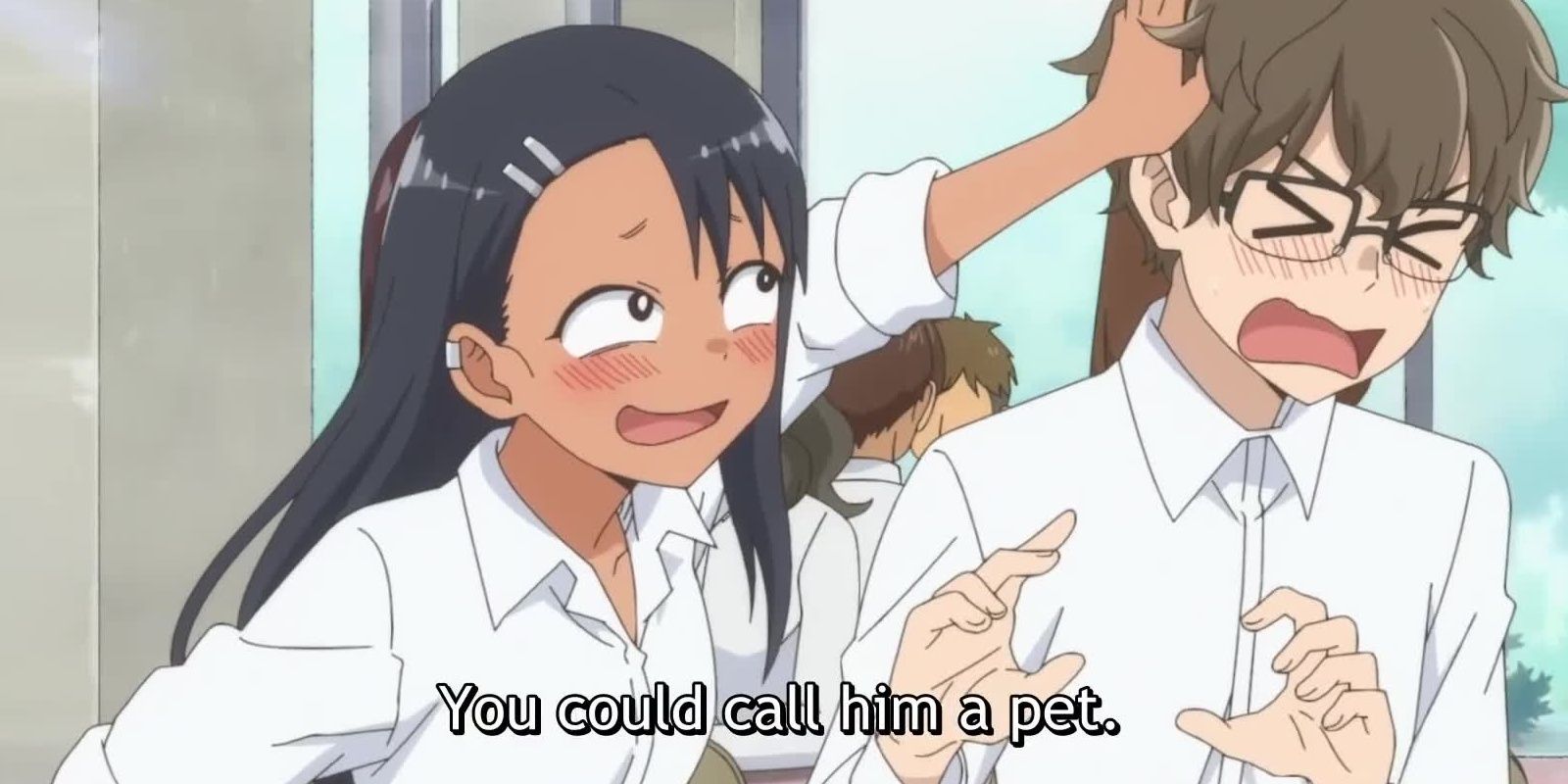 the character nagatoro teasing the character senpai in the anime don't toy with me miss nagatoro
