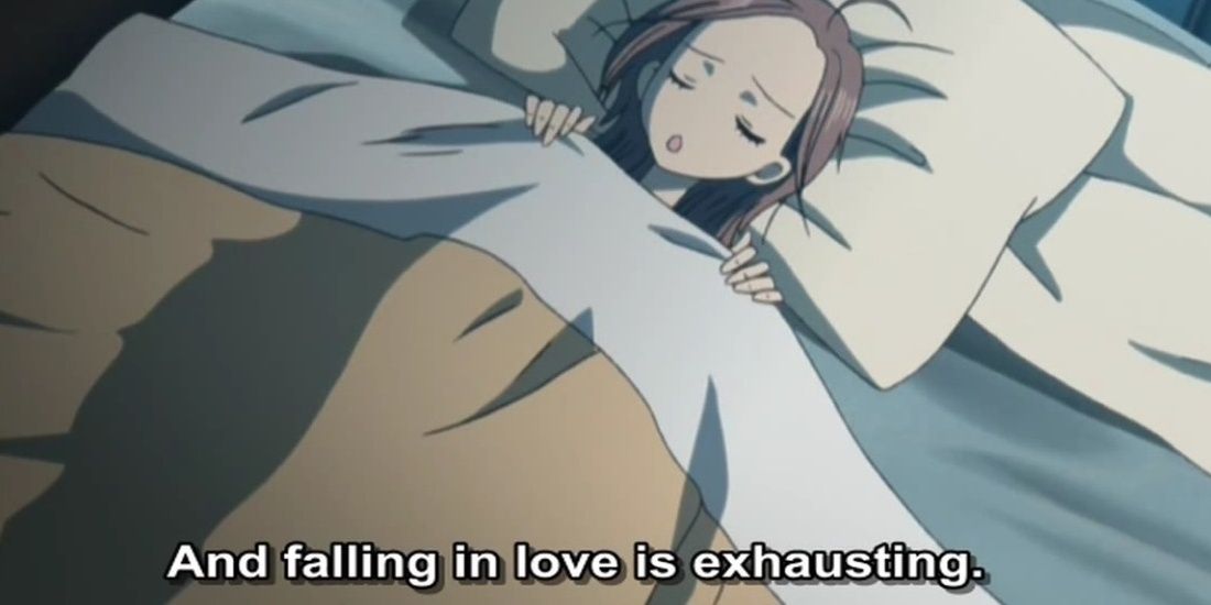 nana komatsu or hachi laying in bed saying falling in love is exhausting from the anime nana