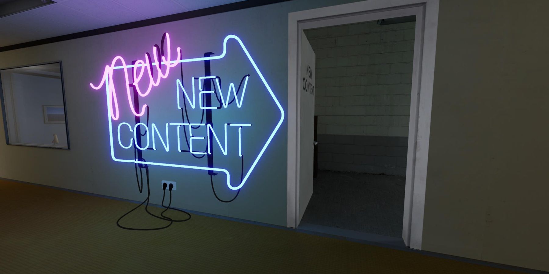 a large neon sign that says "new new content" points toward an open door leading into a tiled hallway