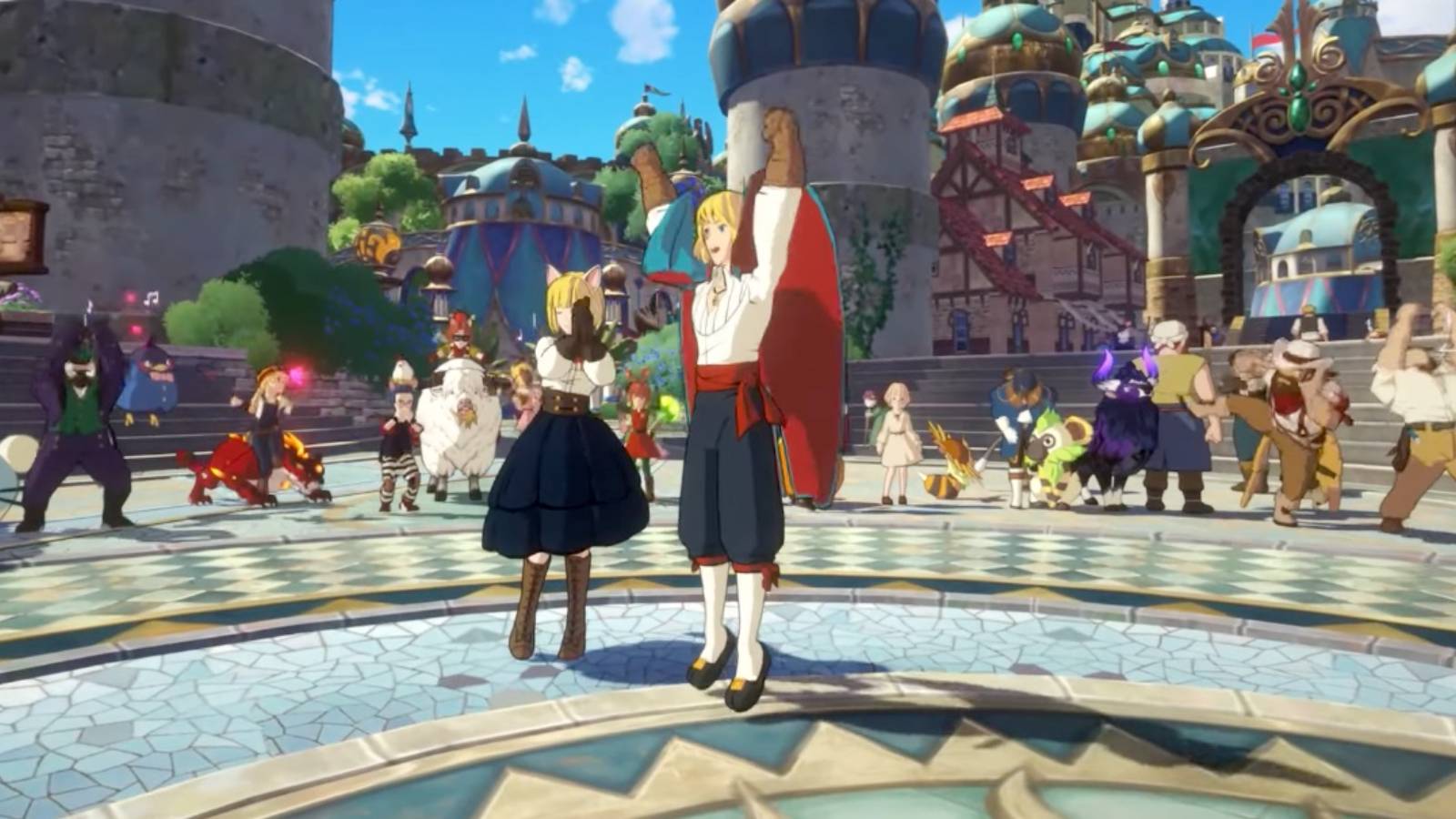 ni no kuni cross worlds characters jumping up and down plaza
