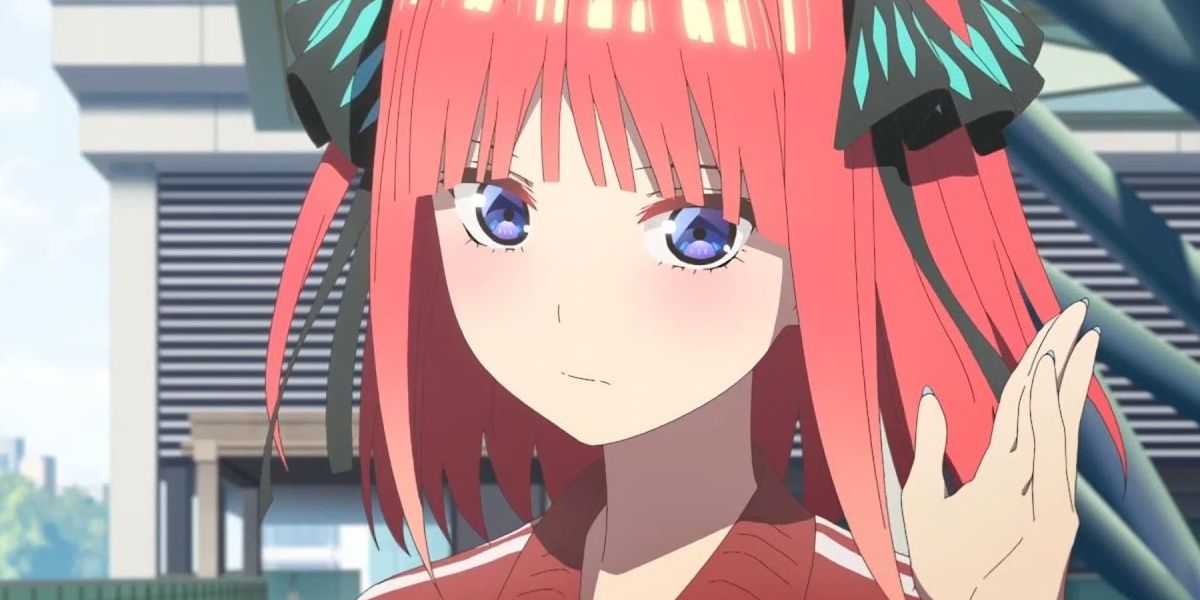 the character nino nakano from the anime the quintessential quintuplets waving