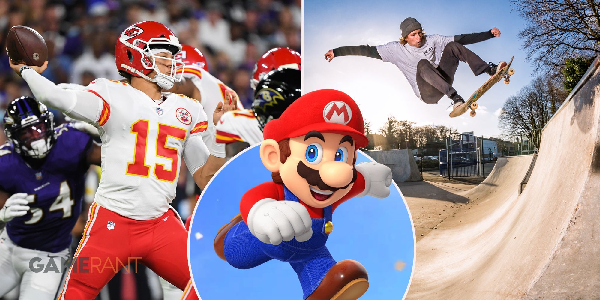 Kansas City Chiefs football player throwing the ball on the left, Mario smiling and jumping in middle, skateboarder on a ramp on right