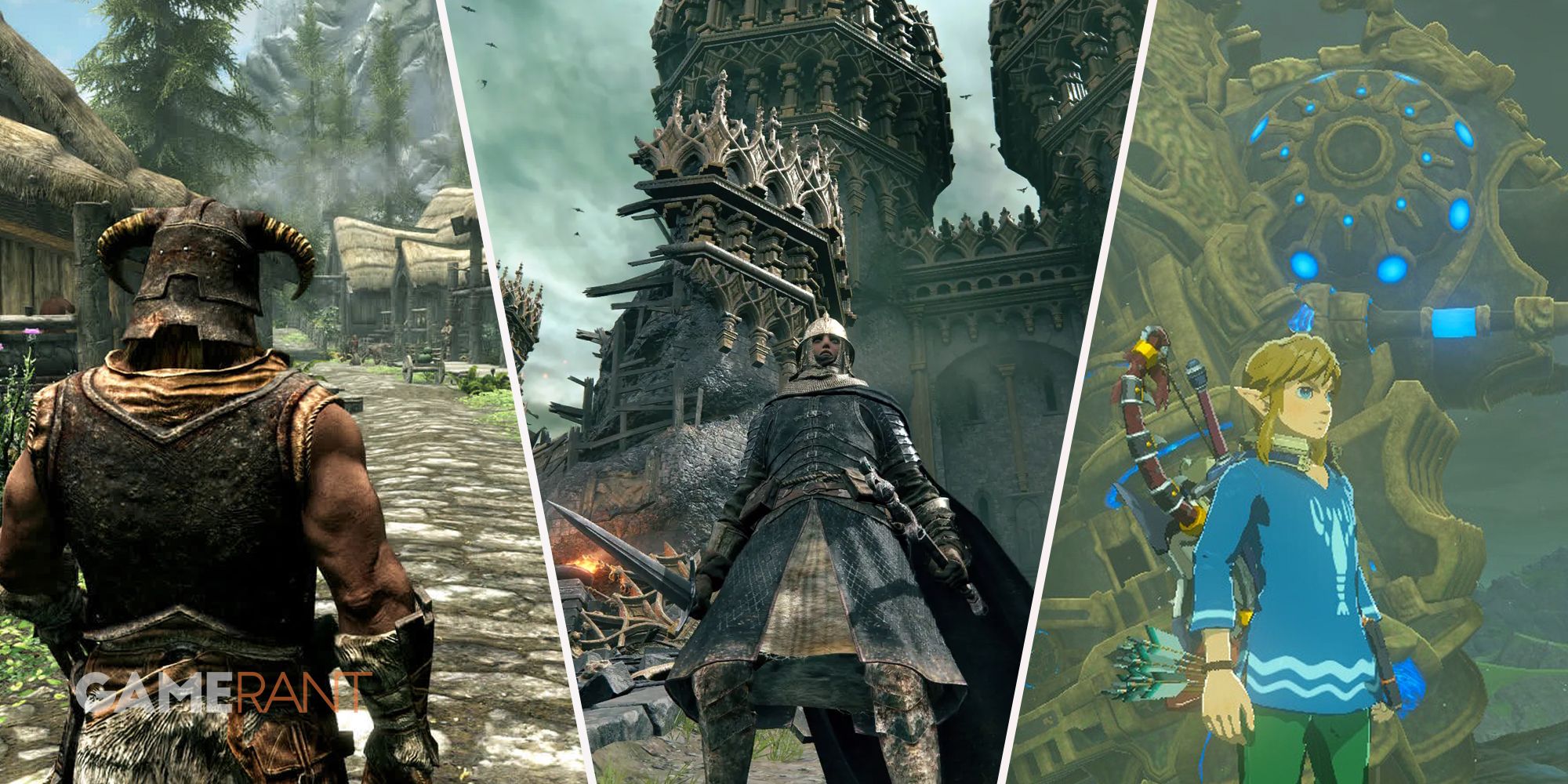 The Elder Scrolls 5: Skyrim Dovahkiin player on left, Elden Ring player in front of a castle in middle, Link from The Legend Of Zelda: Breath Of The Wild on right
