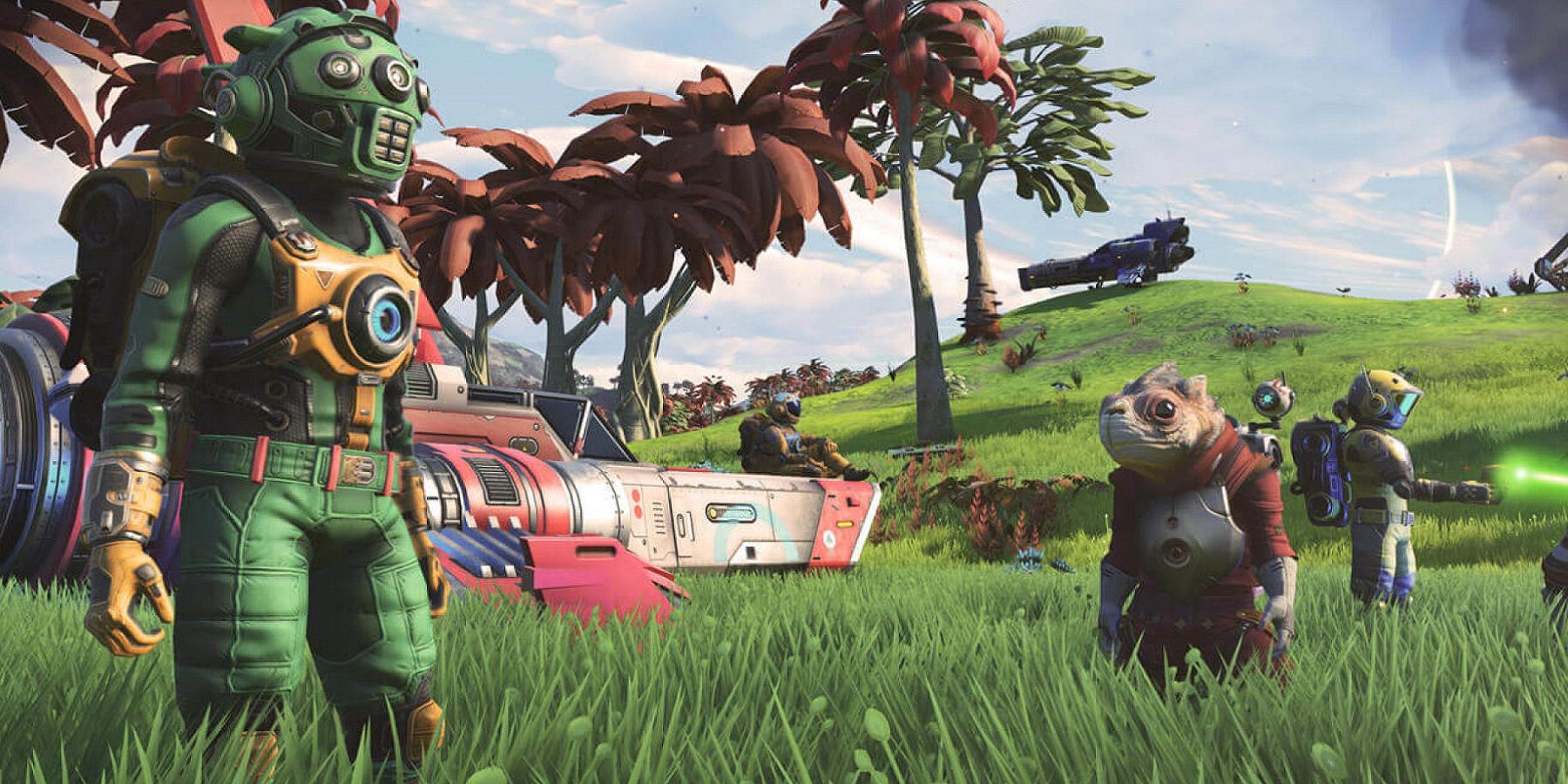 Image from No Man's Sky showing some Korvax and Gek on a nice green field.