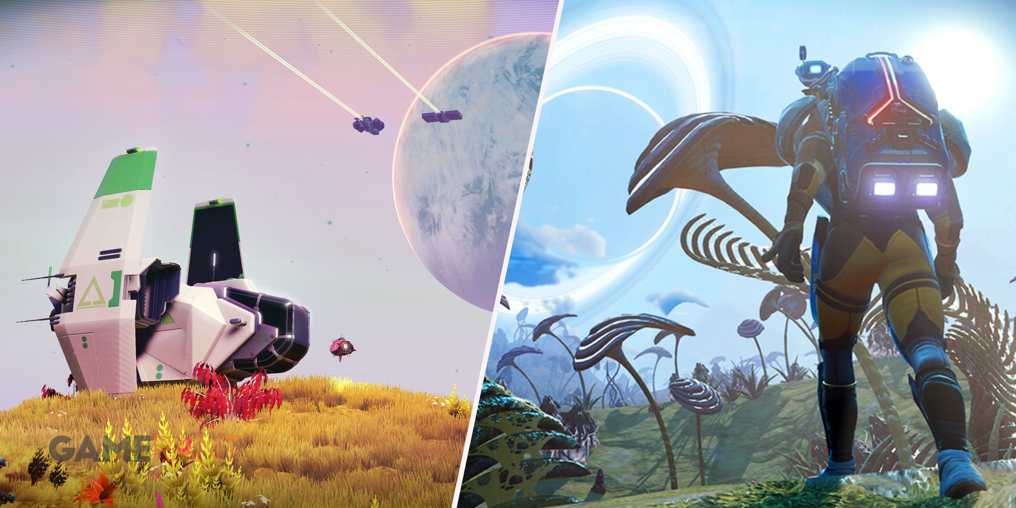 No Man's Sky ship with planet in background on left, No Man's Sky character exploring a new planet on right