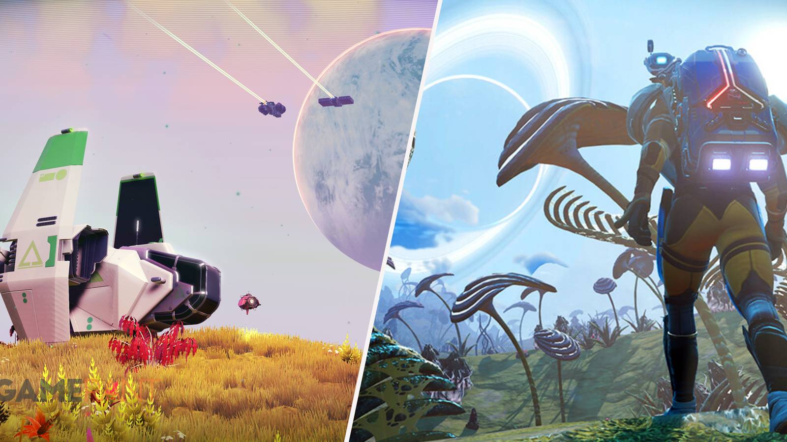 No Man's Sky ship with planet in background on left, No Man's Sky character exploring a new planet on right
