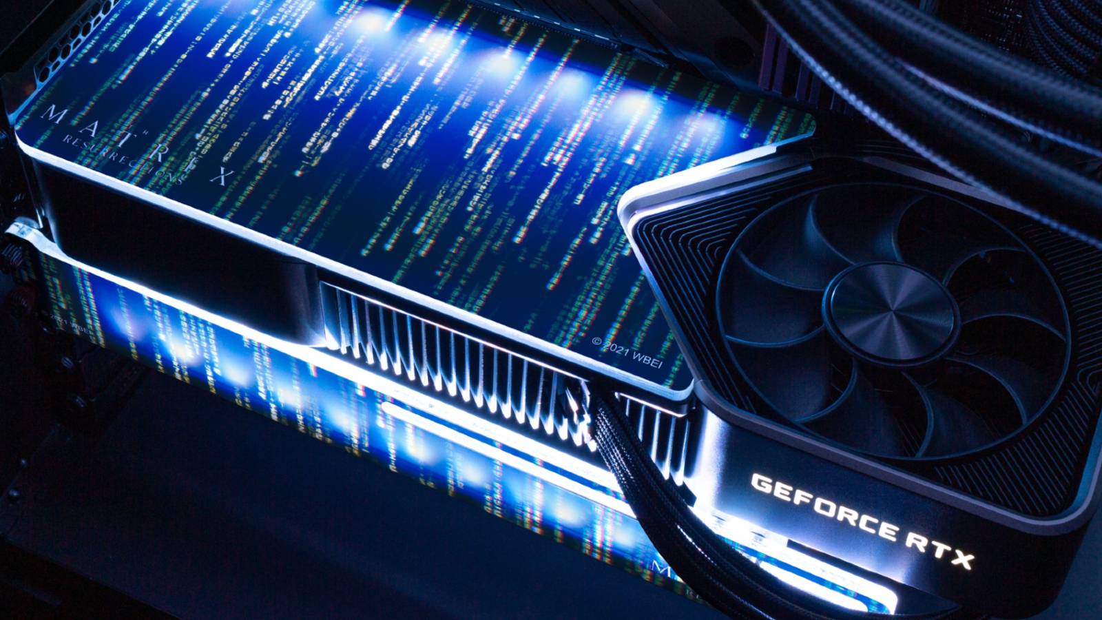 Image of a Matrix-themed Nvidia RTX graphics card.