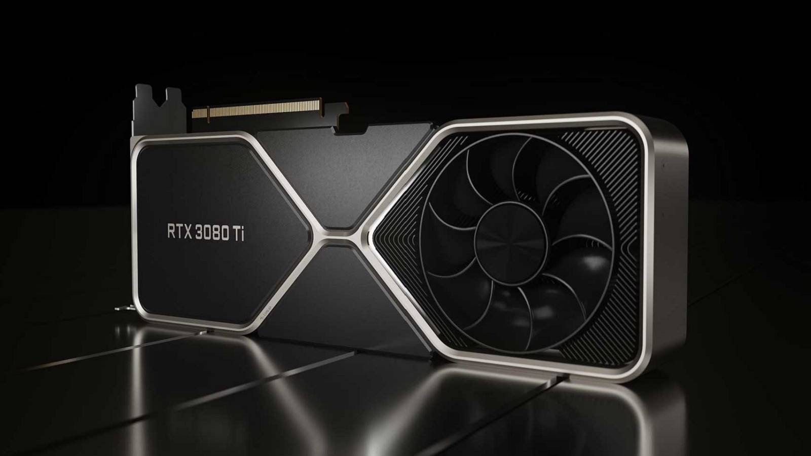 Image of an Nvidia RTX 3080 Ti graphics card on a black background.