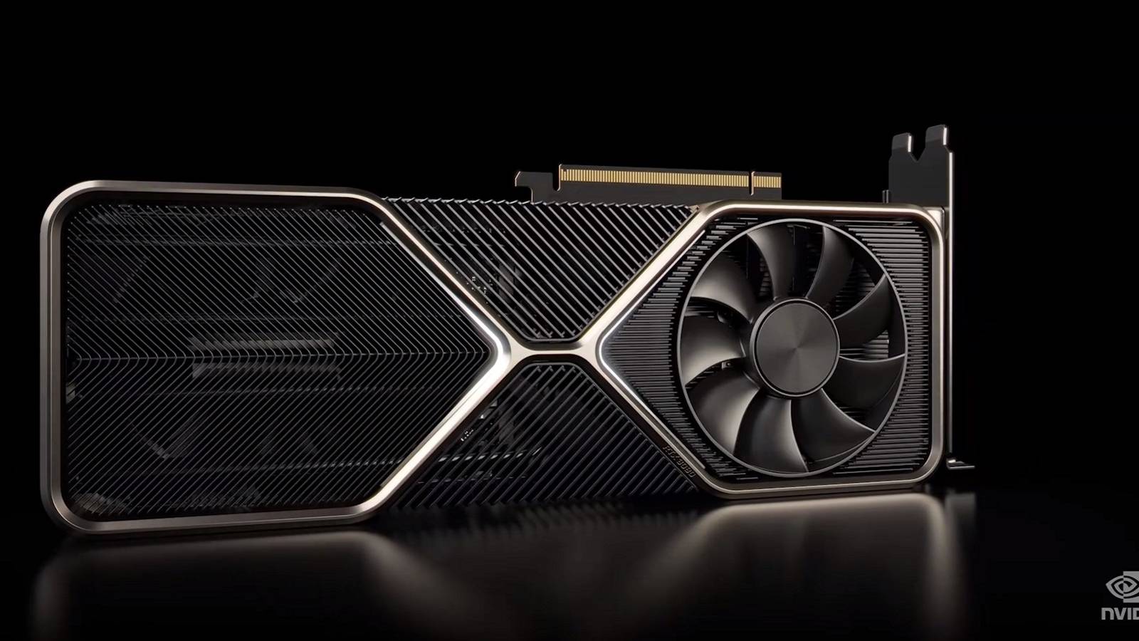 A photo of an Nvidia RTX graphics card on a black background.