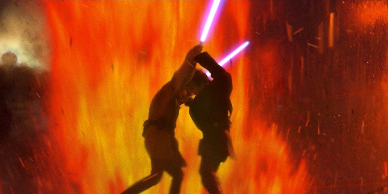 Anakin and Obi-Wan dueling on Mustafar in Star Wars Revenge of the Sith