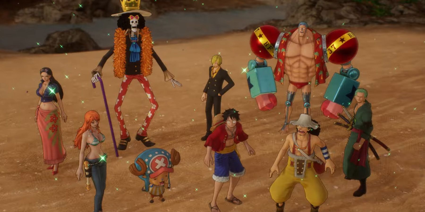 one piece odyssey straw hats on sand