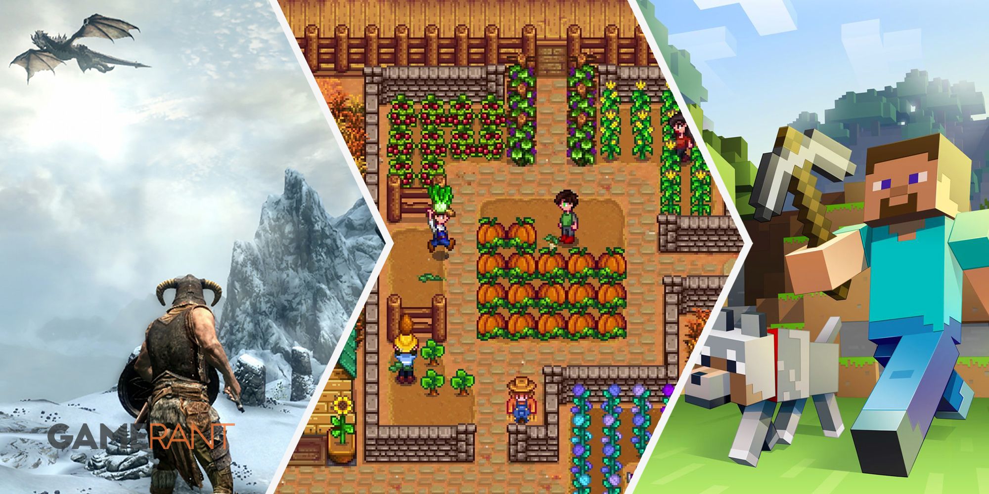 Персонаж Skyrim Dragonborn, собирающийся сразиться с драконом слева, ферма Stardew Valley с обильным урожаем посередине, Minecraft Steve справа