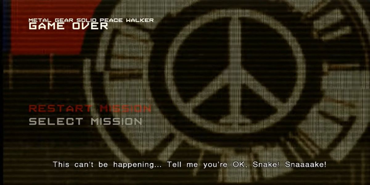 Peace Walker game over screen with subtitles