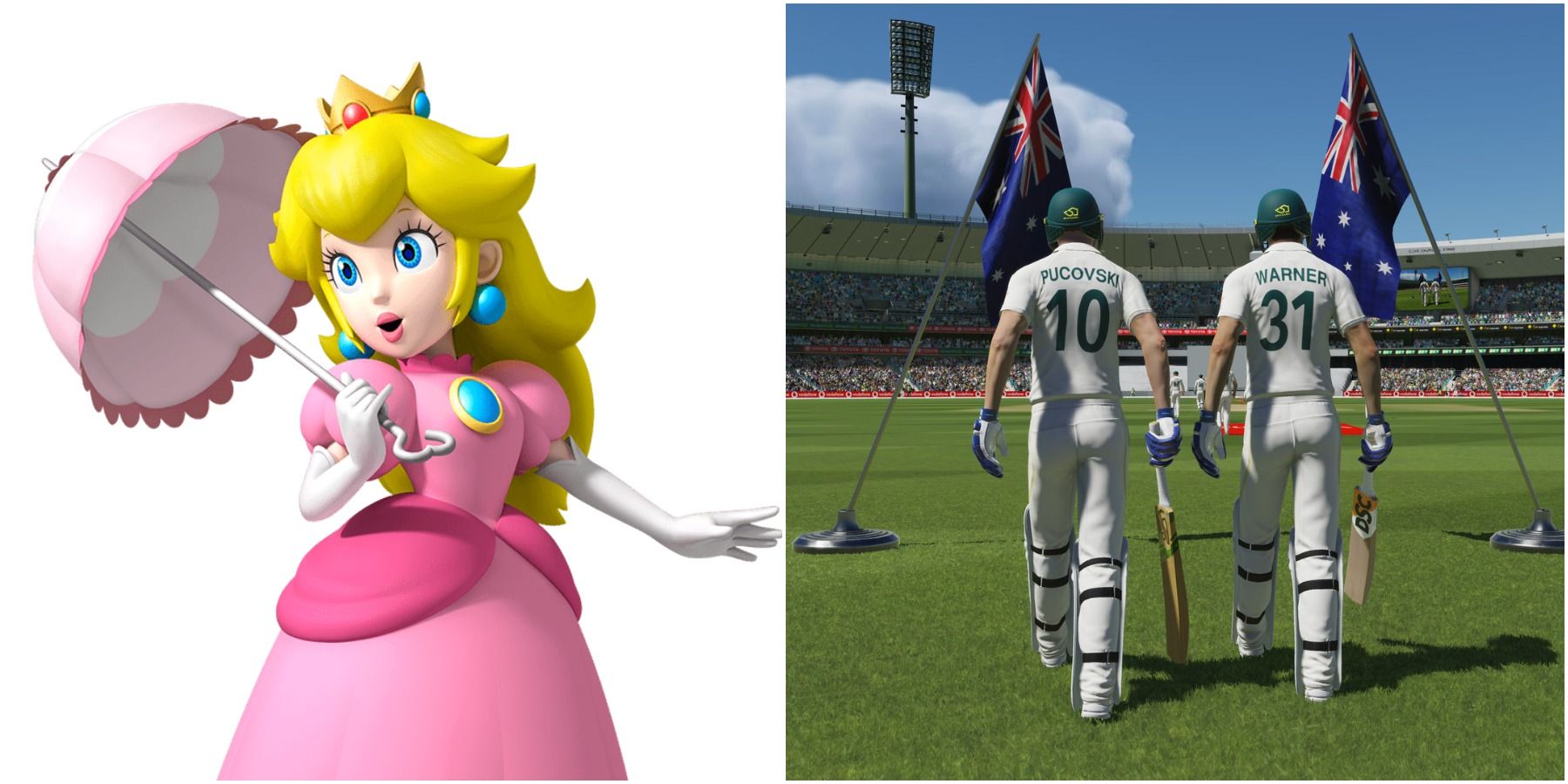 (Left) Princess Peach (Right) Batters walking onto the field