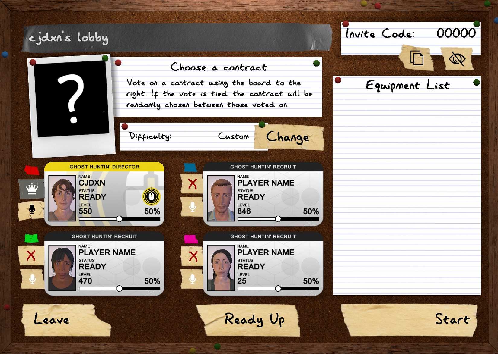 Image from Phasmophobia showing the corkboard multiplayer menu =system.