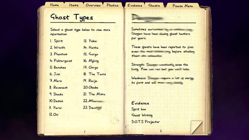 Image of the Phasmophobia journal showing the current list of ghosts.
