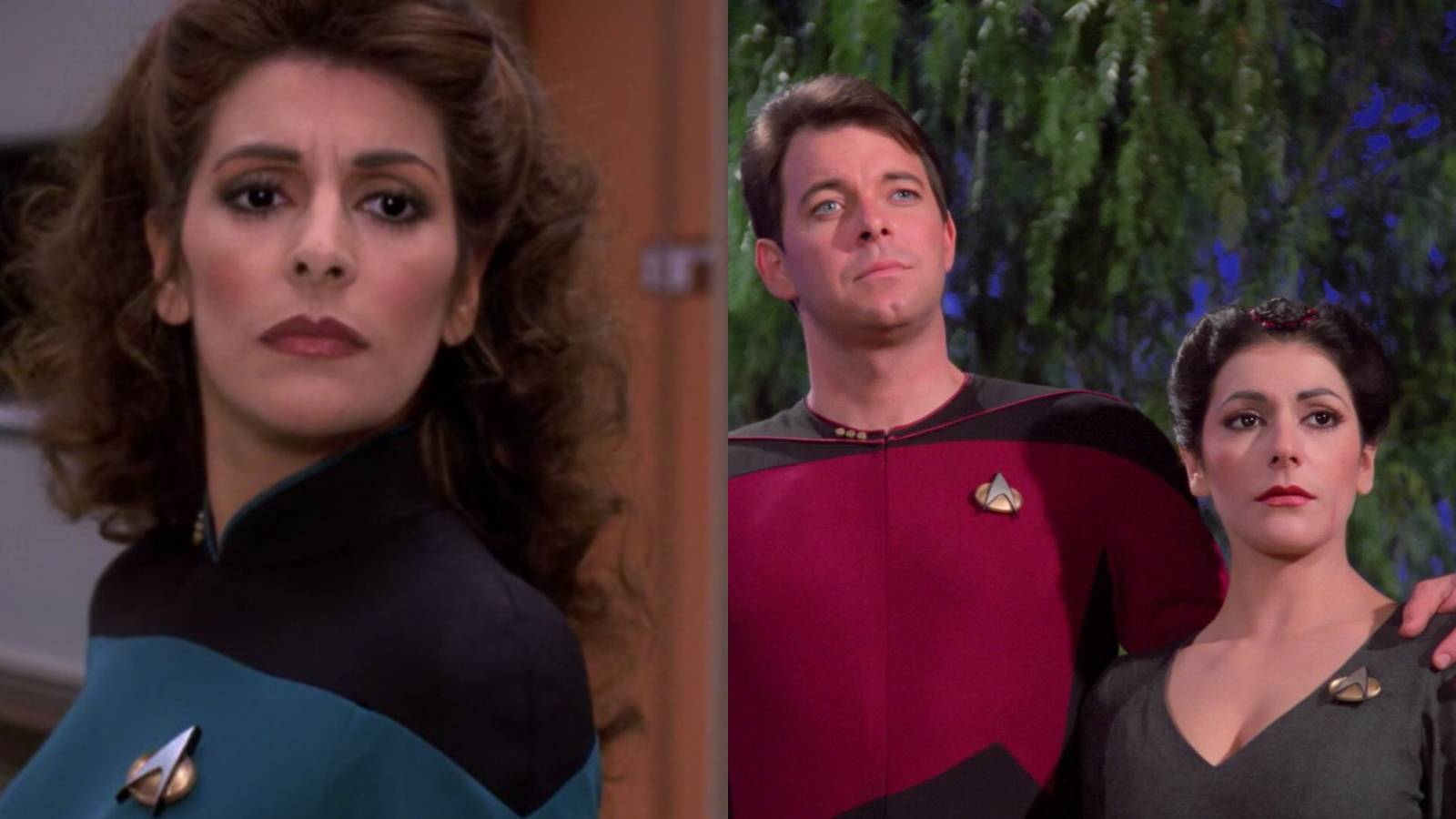 left: Deanna Troi; right: Troi with Riker