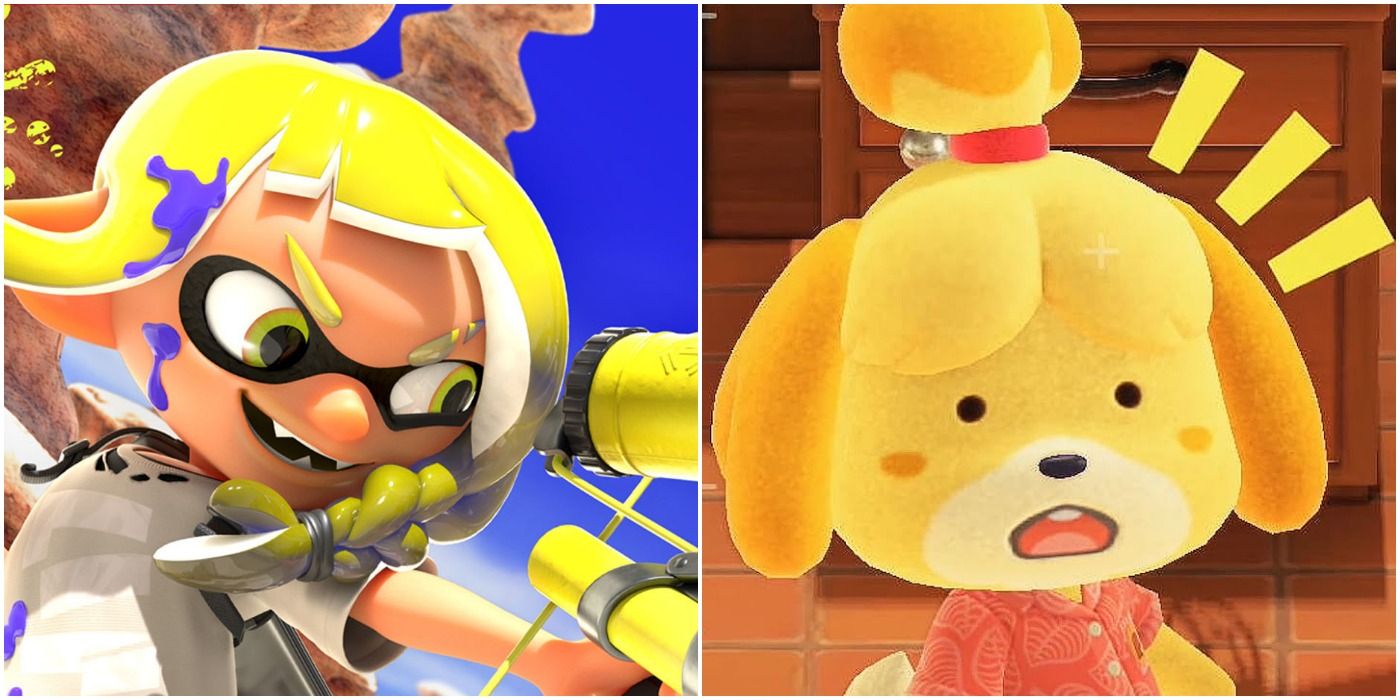 on the left is an inkling from splatoon and on the right is isabelle from animal crossing looking shocked