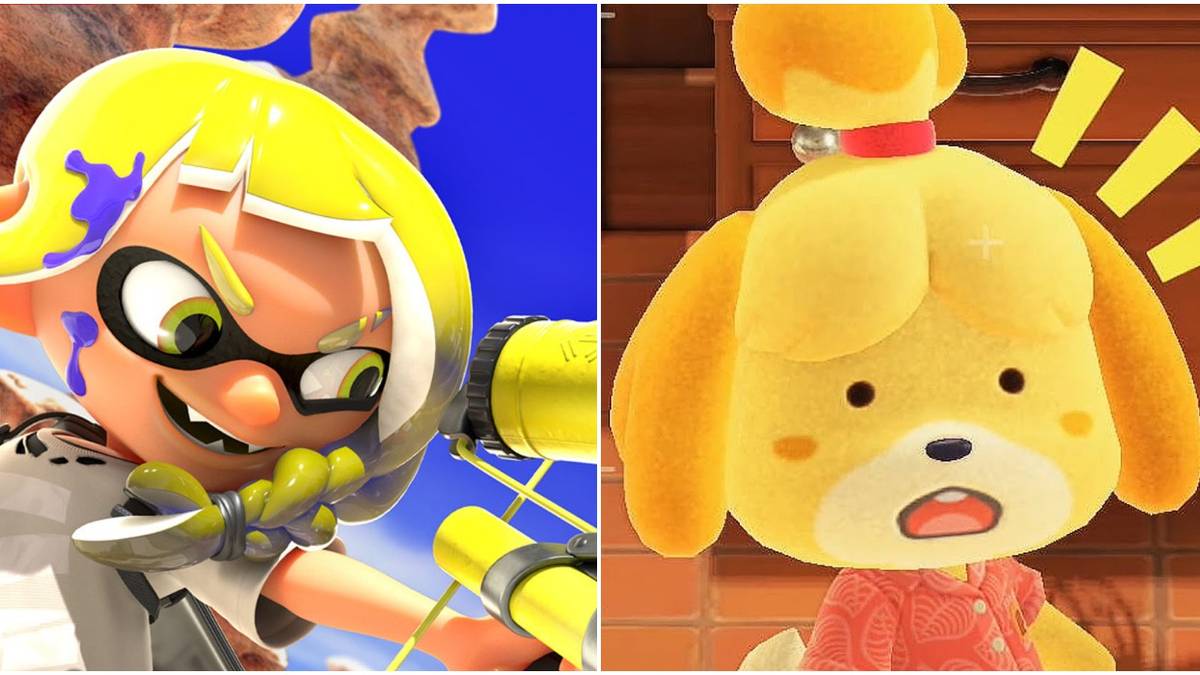 on the left is an inkling from splatoon and on the right is isabelle from animal crossing looking shocked